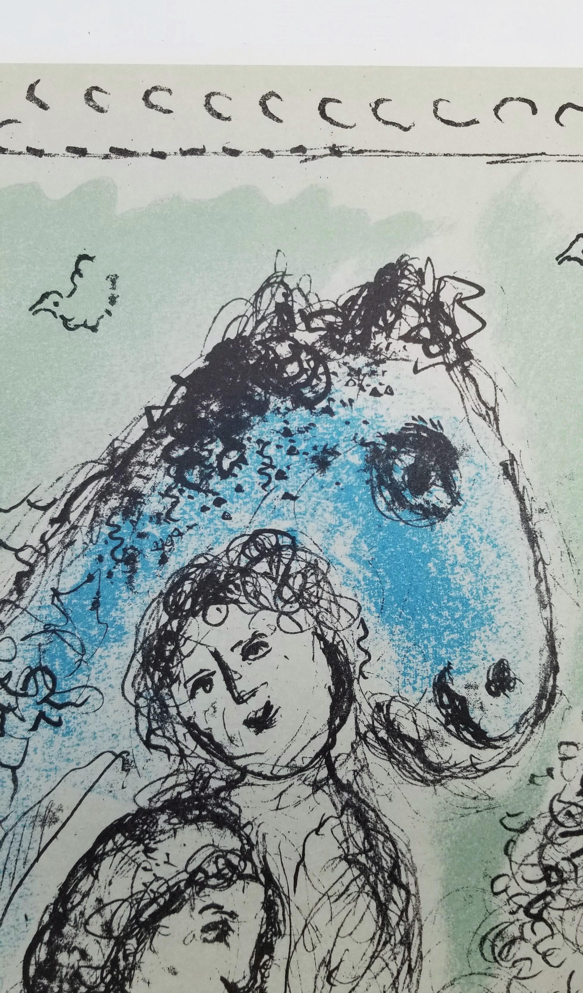 Cheval Bleu au Couple (Blue Horse with Couple) /// Modern Marc Chagall Post-War For Sale 3