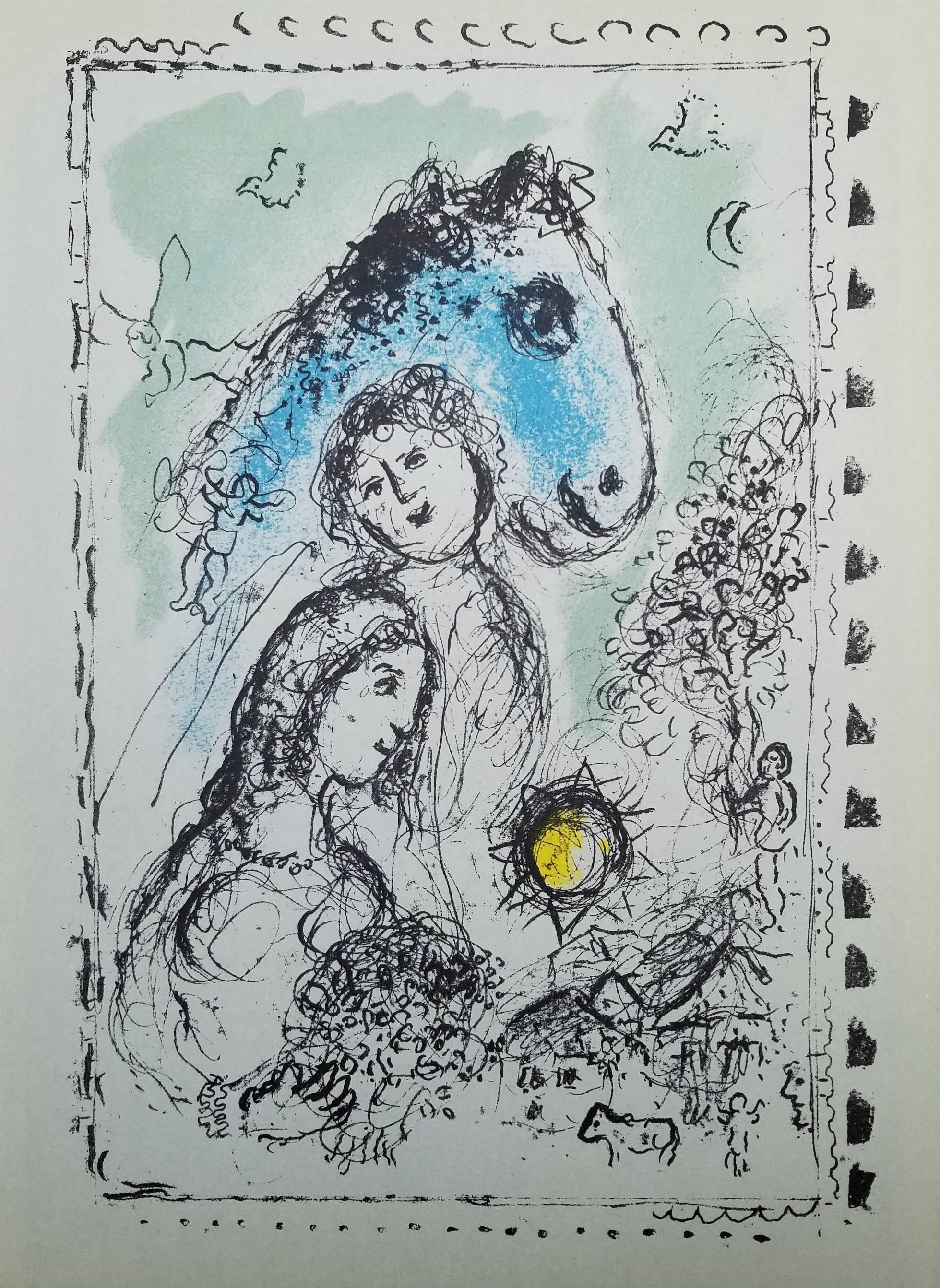 Cheval Bleu au Couple (Blaues Pferd mit Paar) /// Moderne Marc Chagall Nachkriegszeit