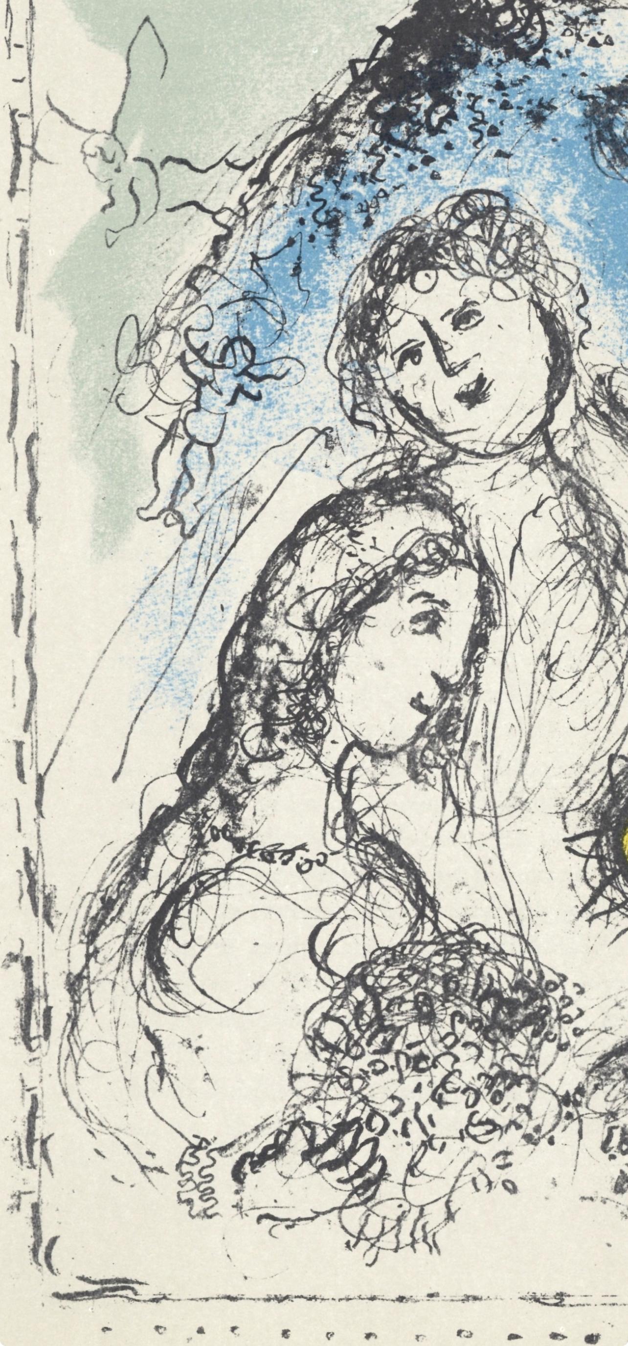 Cheval bleu au couple (Cramer 113; Mourlot 993), Derrière le miroir - Beige Landscape Print by Marc Chagall