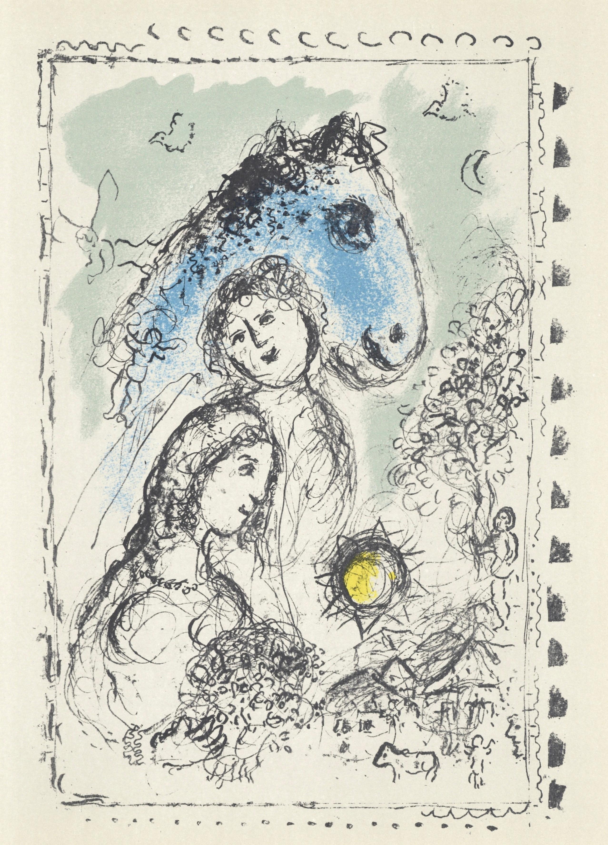 Marc Chagall Landscape Print - Cheval bleu au couple (Cramer 113; Mourlot 993), Derrière le miroir