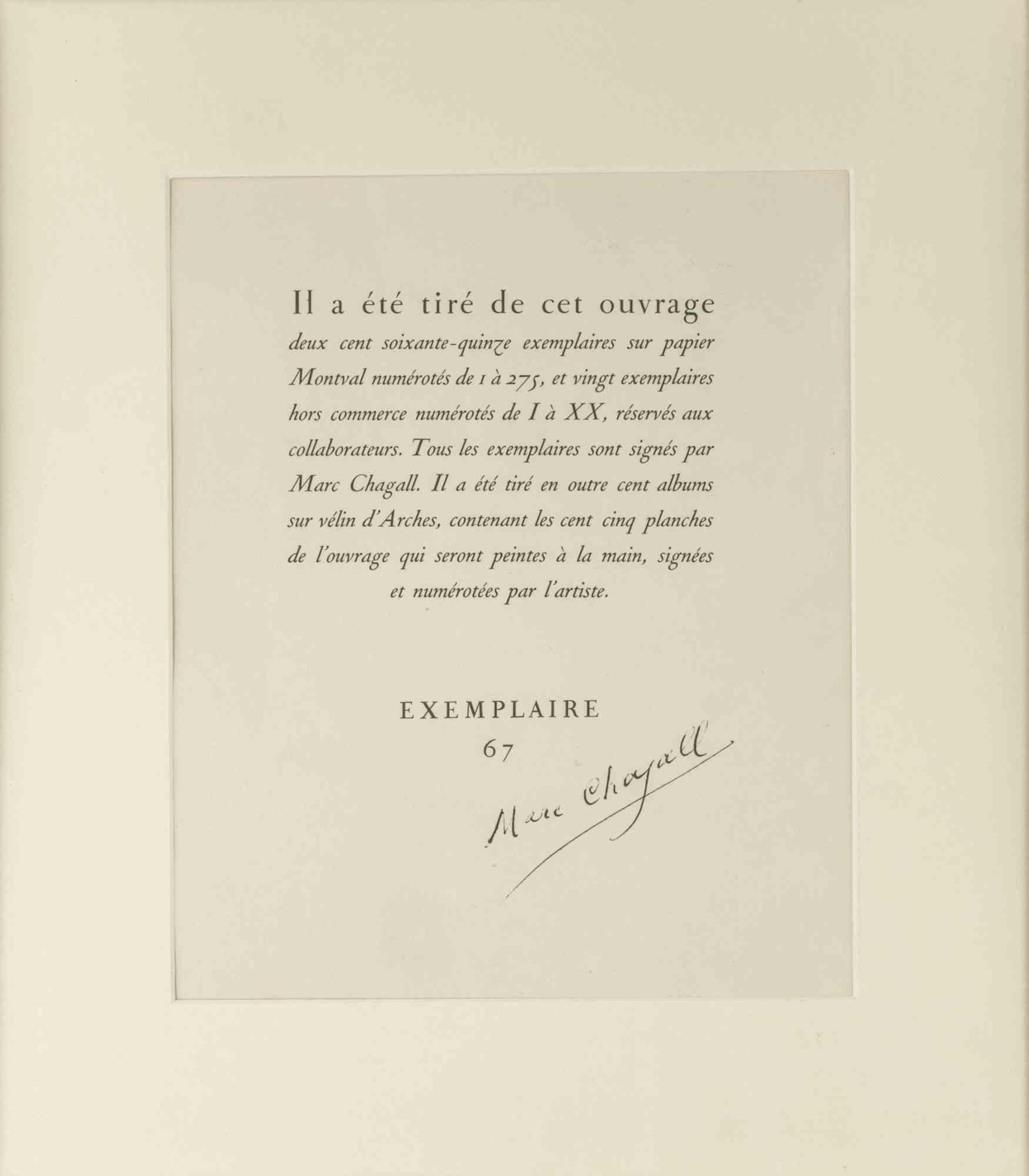1956 colophon for "The Bible", hand signed by Marc Chagall in china ink.

On papier Montval.

Excellent condition.