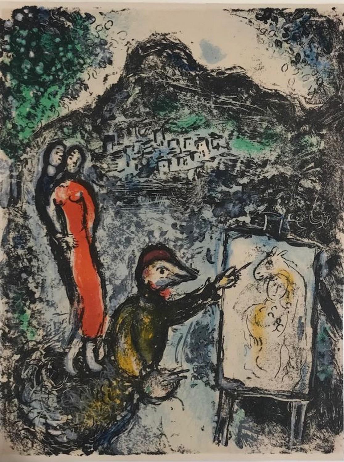 Marc Chagall Abstract Print - Couple et artiste devant Saint Jeannet 