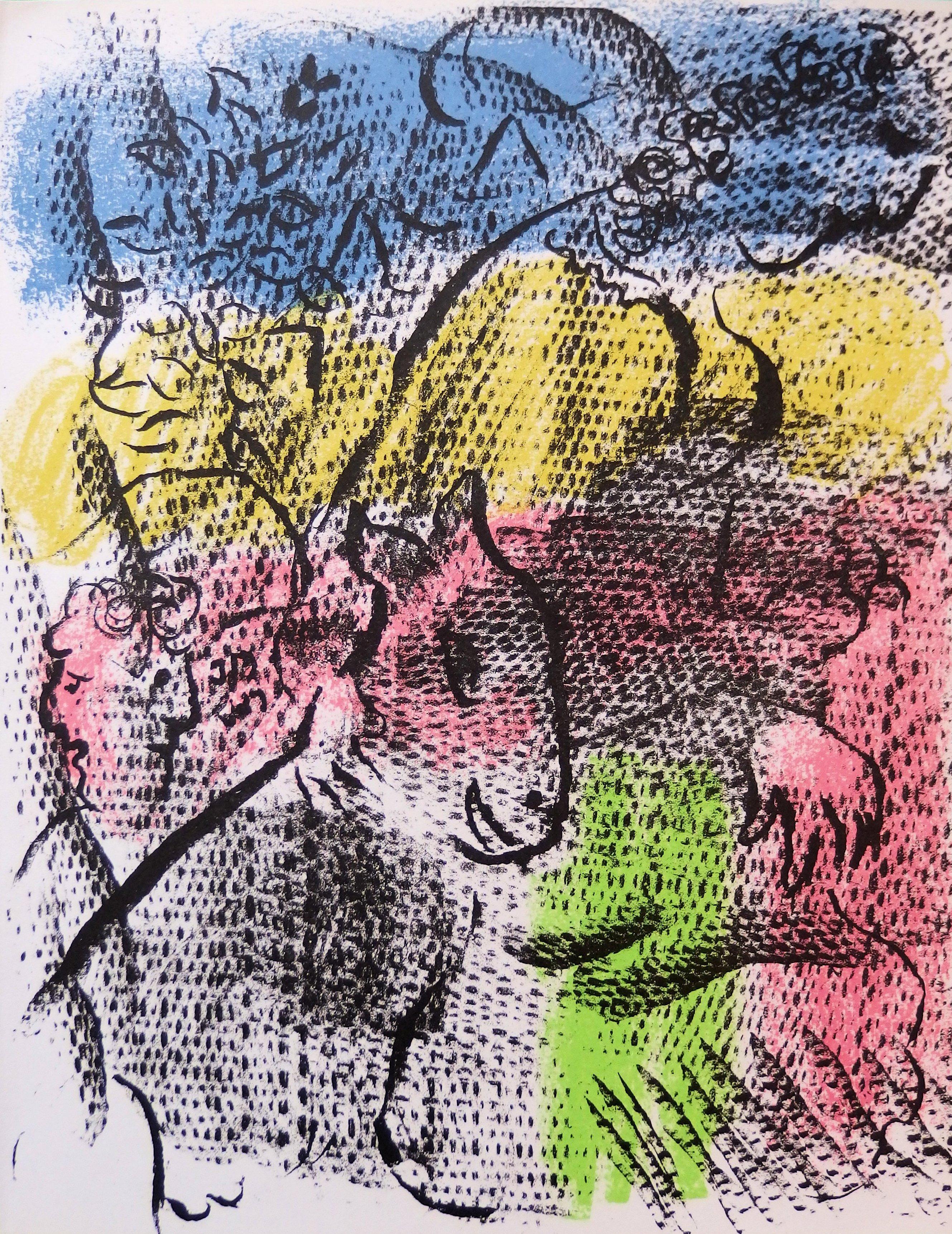 Marc Chagall Abstract Print - Couple with a Goat - Original stone lithograph (Mourlot #608) - 1970