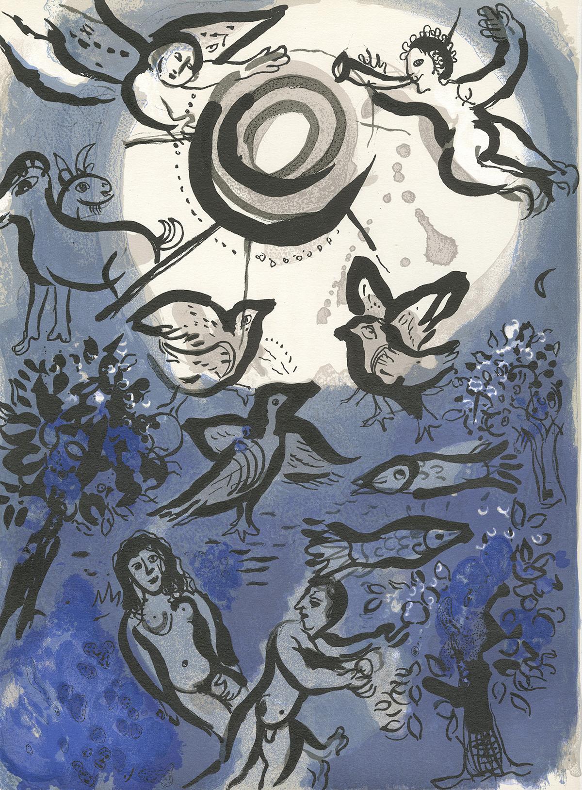 „Cration (Creation):: M 234/257“ ist eine von Marc Chagall geschaffene Originallithographie. Diese Original-Farblithographie wurde von VERVE für das Buch Dessins pour La Bible entworfen und gedruckt. Sie ist doppelseitig und auf der Rückseite mit