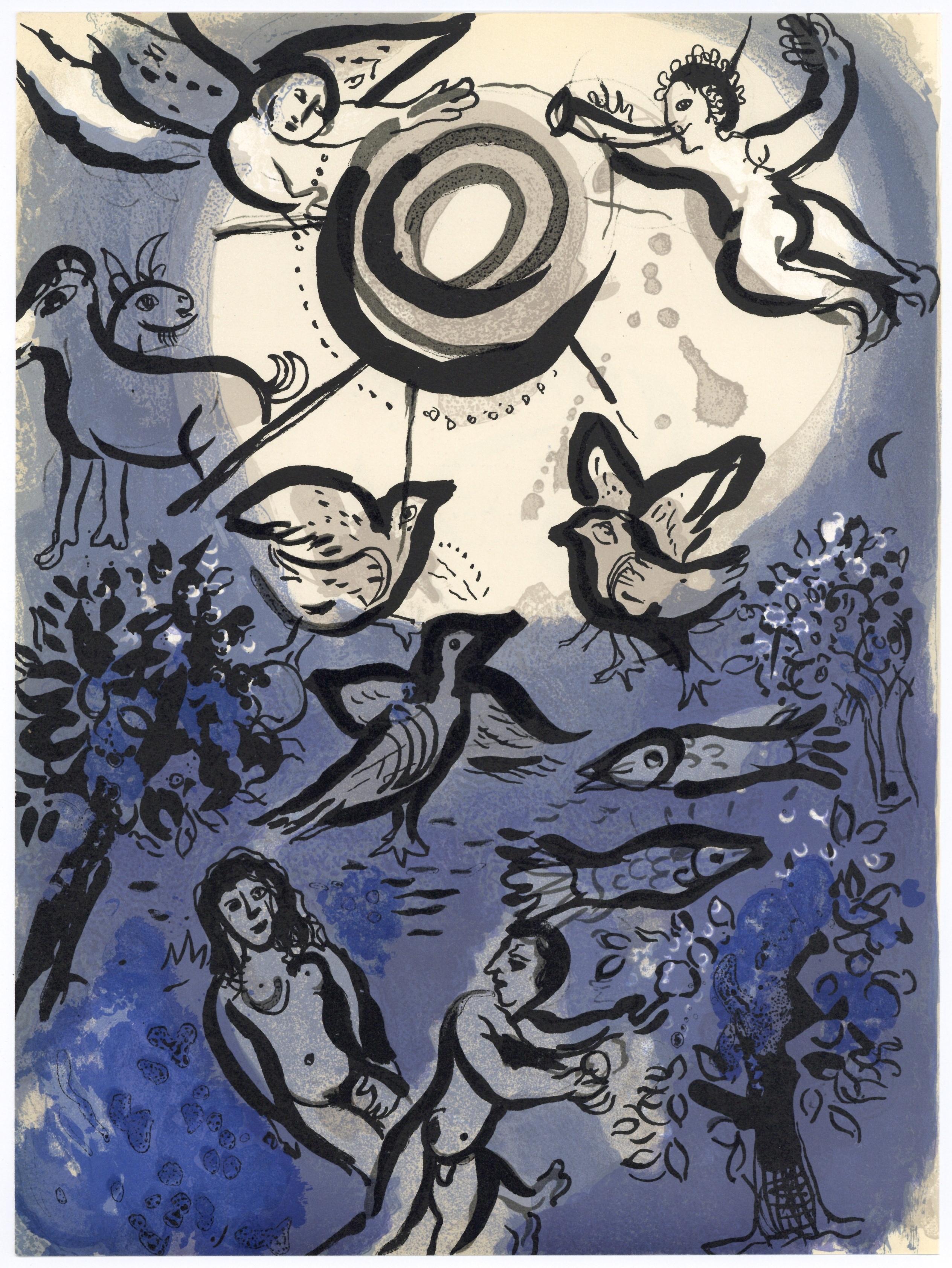 Lithographie auf Vélin des Papeteries du Marais Papier. Papierformat: 14 x 10,25 Zoll. Beschriftung: Unsigniert und nicht nummeriert, wie ausgegeben. Werkverzeichnis Referenzen: Mourlot, Fernand. Chagall, Lithographien II: 1957-1962. André Sauret,
