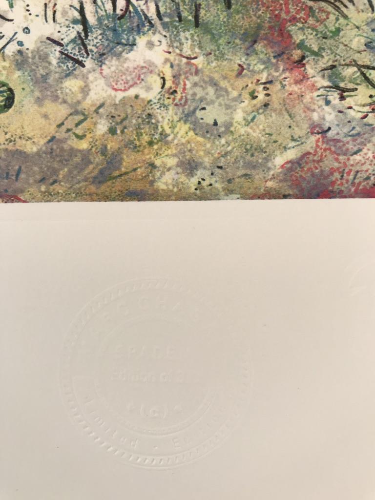 This lithograph is a limited edition on premium paper. Marc Chagall experimented his art with Cubism, Fauvism, and Symbolism.
His supernatural subjects are thought to have significantly influenced the Surrealists and his artwork is famous