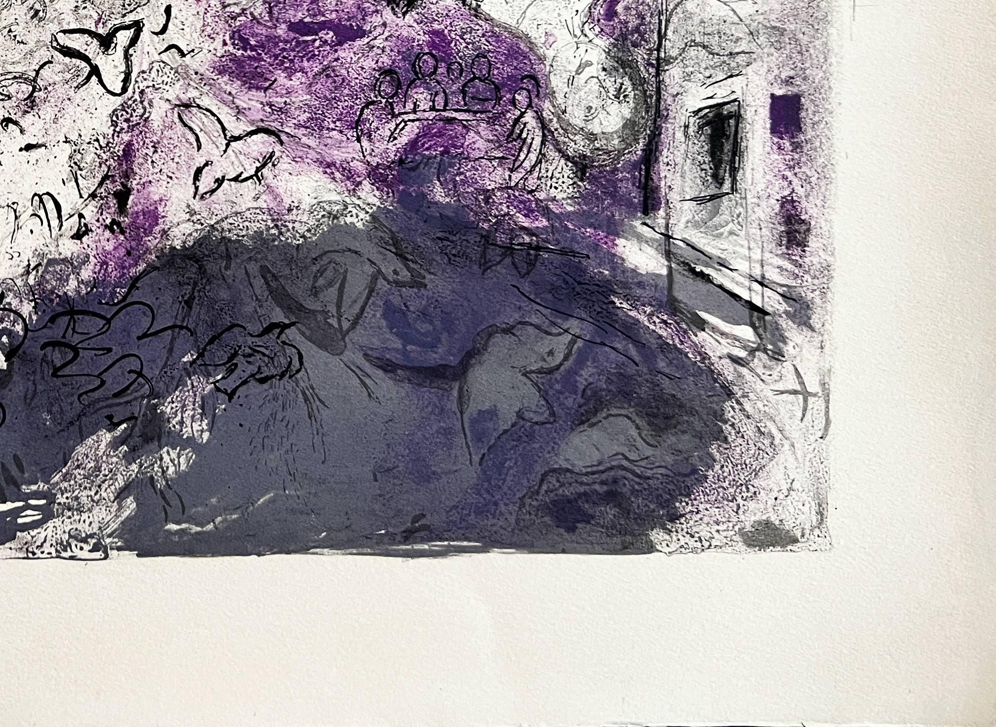 Marc Chagall (1887–1985)
Daphnes and Chloé, Planche XXVI
Lithograph in colours, 1961,

A unique trial proof printed, notably without the central fold and visible printing marks, with variant colouration differing from the standard edition of 150.