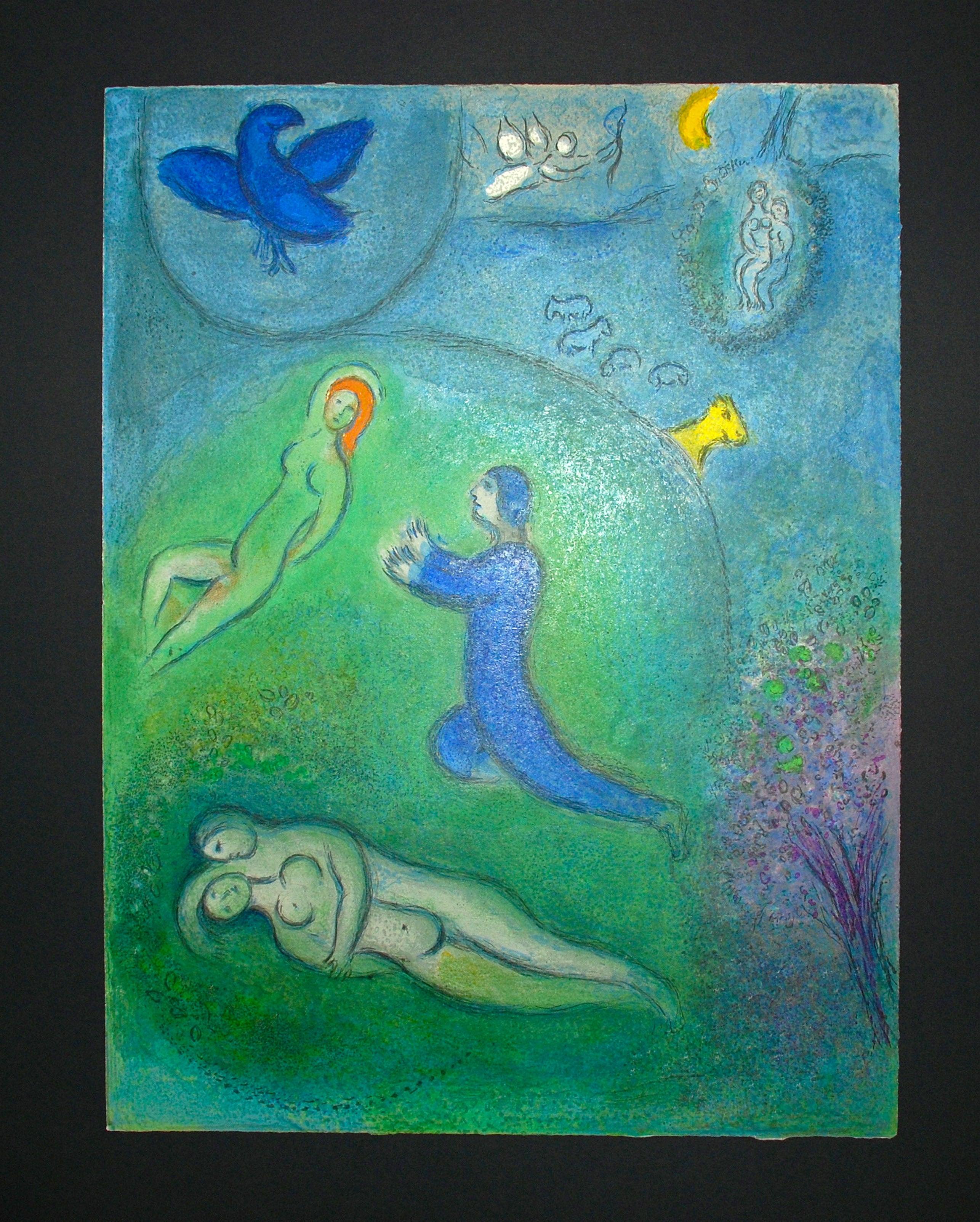 Artist: Marc Chagall
Title: Daphnis and Lycenion
Portfolio: Daphnis and Chloe
Medium: Lithograph on Arches wove paper
Year: 1961
Edition: 189/250
Frame Size: 31