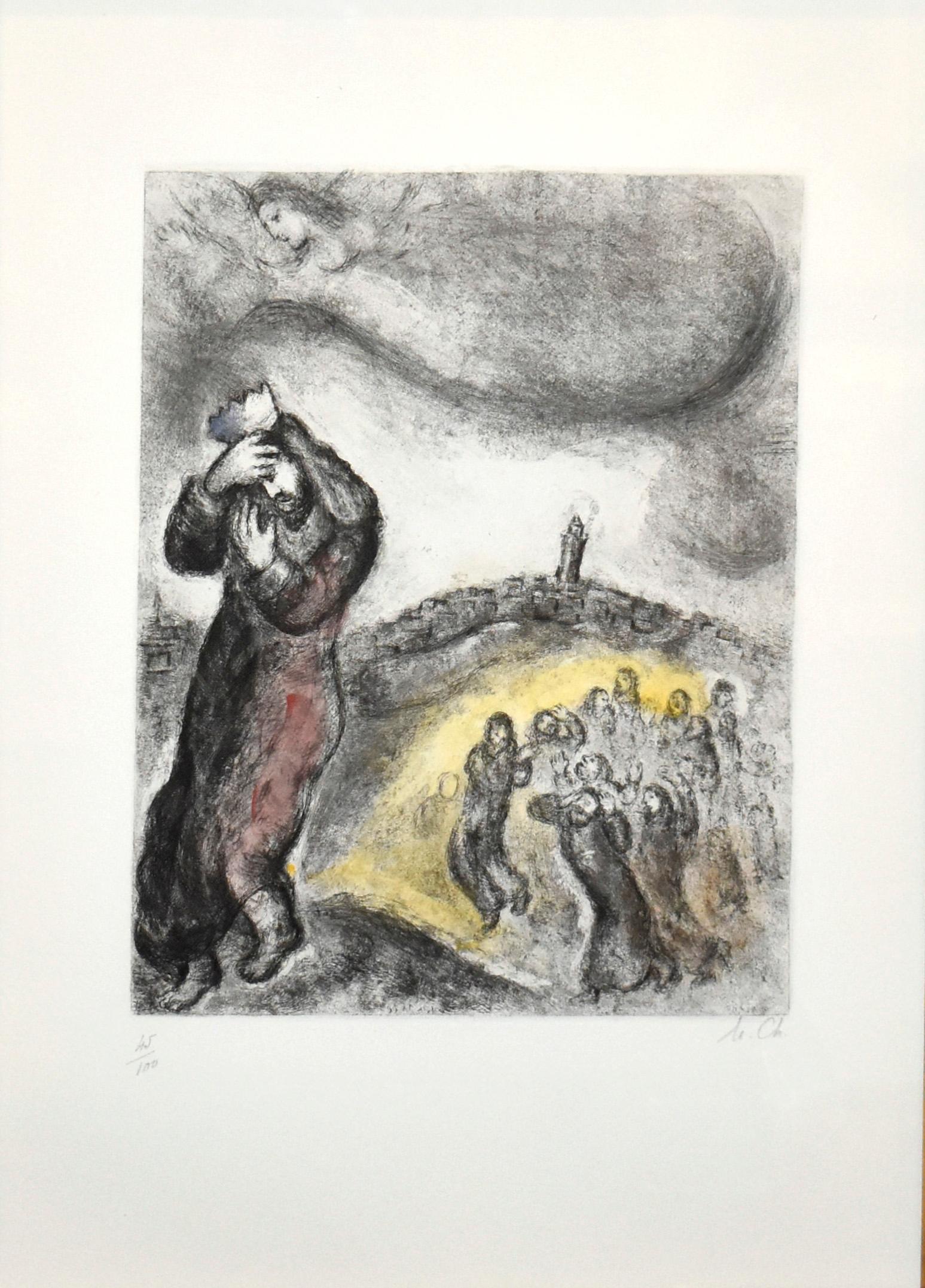 David Ascending The Mount of Olives - Beige Figurative Print by Marc Chagall