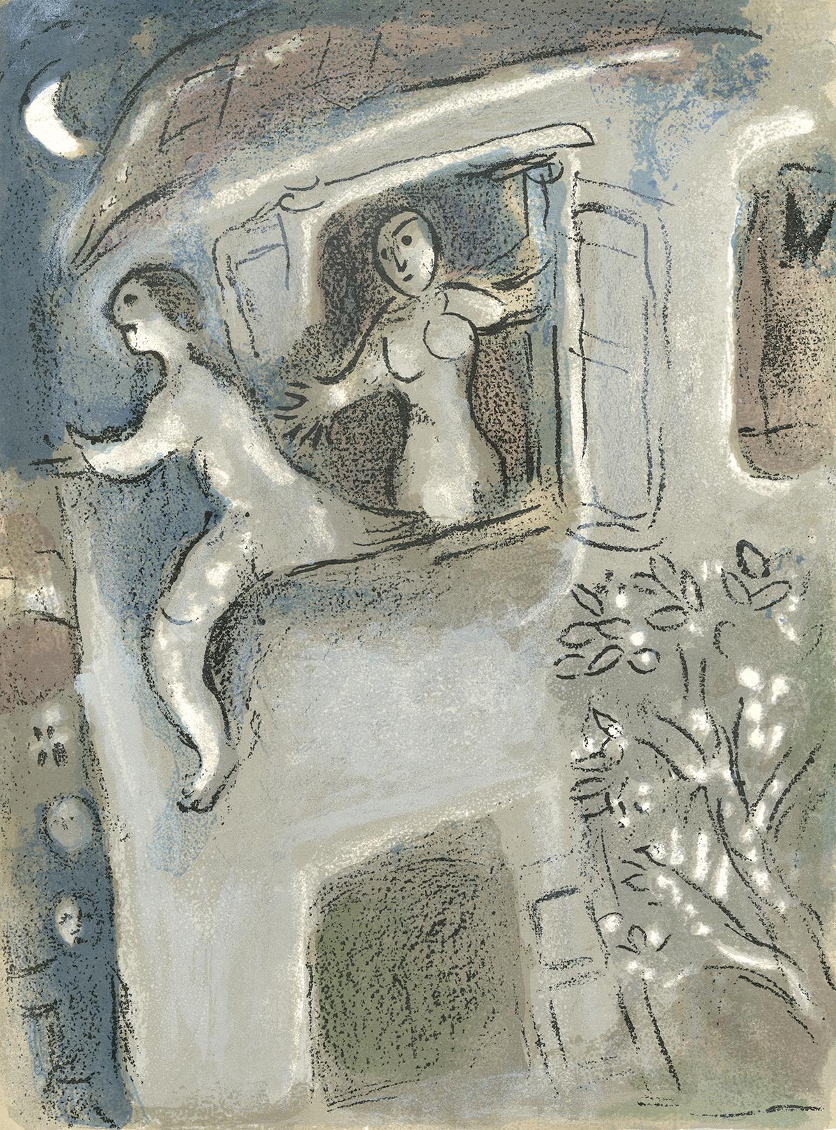 Marc Chagall Figurative Print - "David sauvé par Michal (David Save by Michal)" Original Lithograph by Chagall