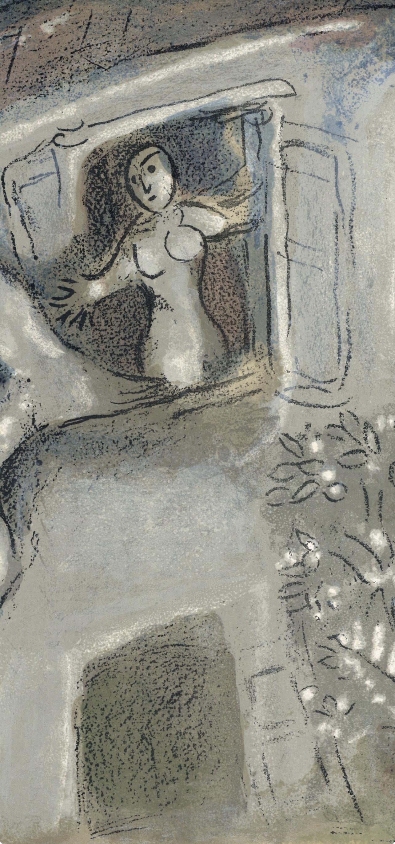 David sauvé par Michal (Mourlot 230-77; Cramer 42) (Grau), Figurative Print, von Marc Chagall