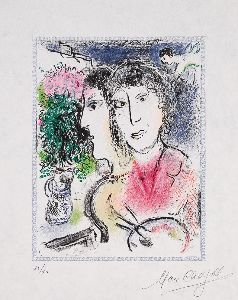 Marc Chagall Figurative Print – Doppelporträt an der Staffelei, 1976 (M.835)