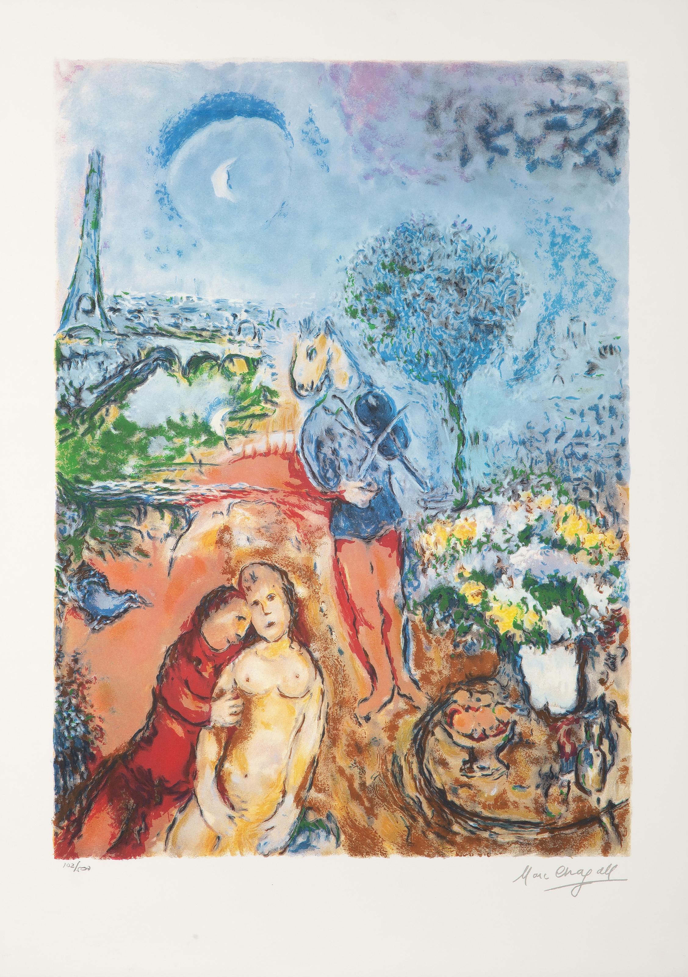 An authorized printing of Eiffel Tower Serenade After Marc Chagall, Russian (1887 - 1985) - with facsimilie signature. Medium: Lithograph on Arches, numbered in pencil, Edition: 500, Image Size: 27.5 x 20 inches, Size: 34 x 24.25 in. (86.36 x 61.6