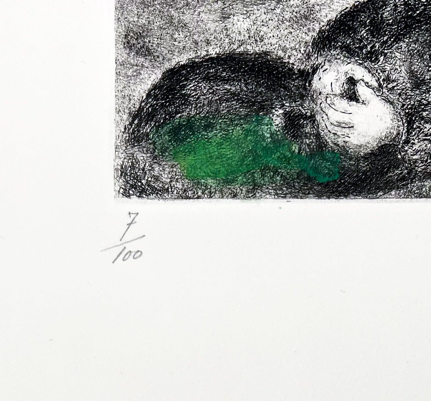 Artist: Marc Chagall
Title: Elijah Touched by an Angel
Portfolio: Signed Bible Etchings with Watercolor
Medium: Etching with watercolor on Arches wove paper
Date: 1958
Edition: 7/100
Frame Size: 22 1/2