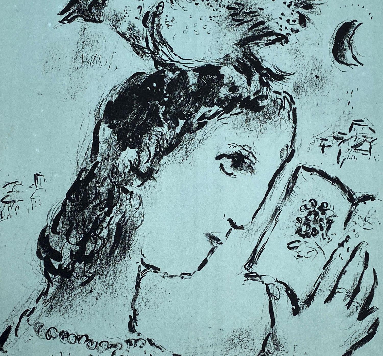 Elsa Triolet, Frau mit einem Vogel – Originallithographie, handsigniert und nummeriert (Blau), Figurative Print, von Marc Chagall