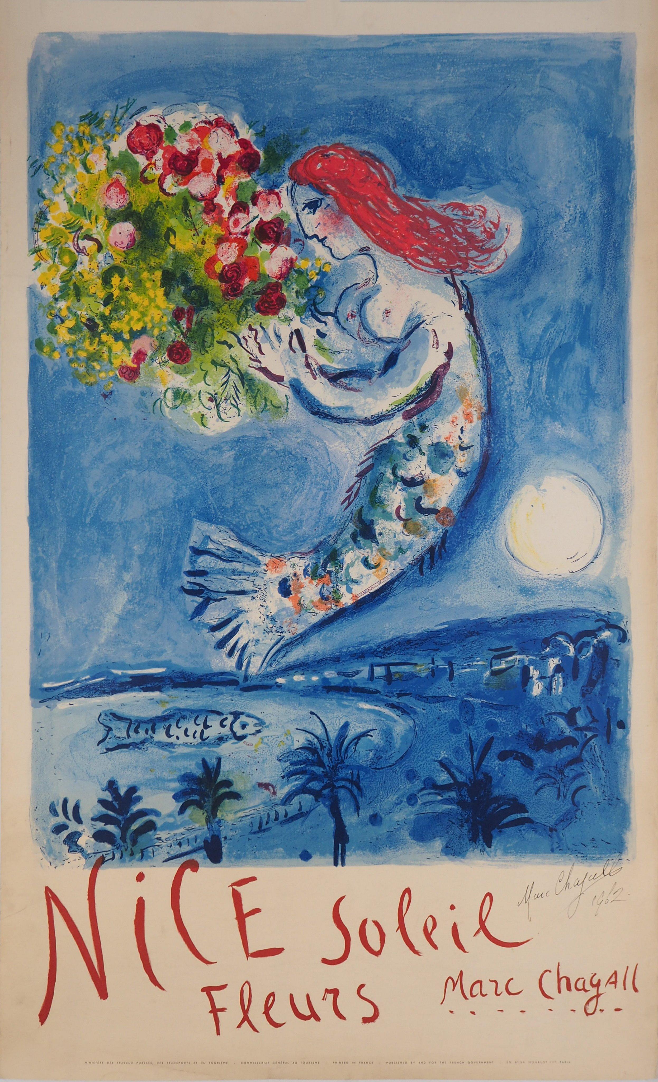 Marc Chagall Landscape Print - Nice, Bay of Angels - Original lithograph poster, Handsigned - Mourlot #350