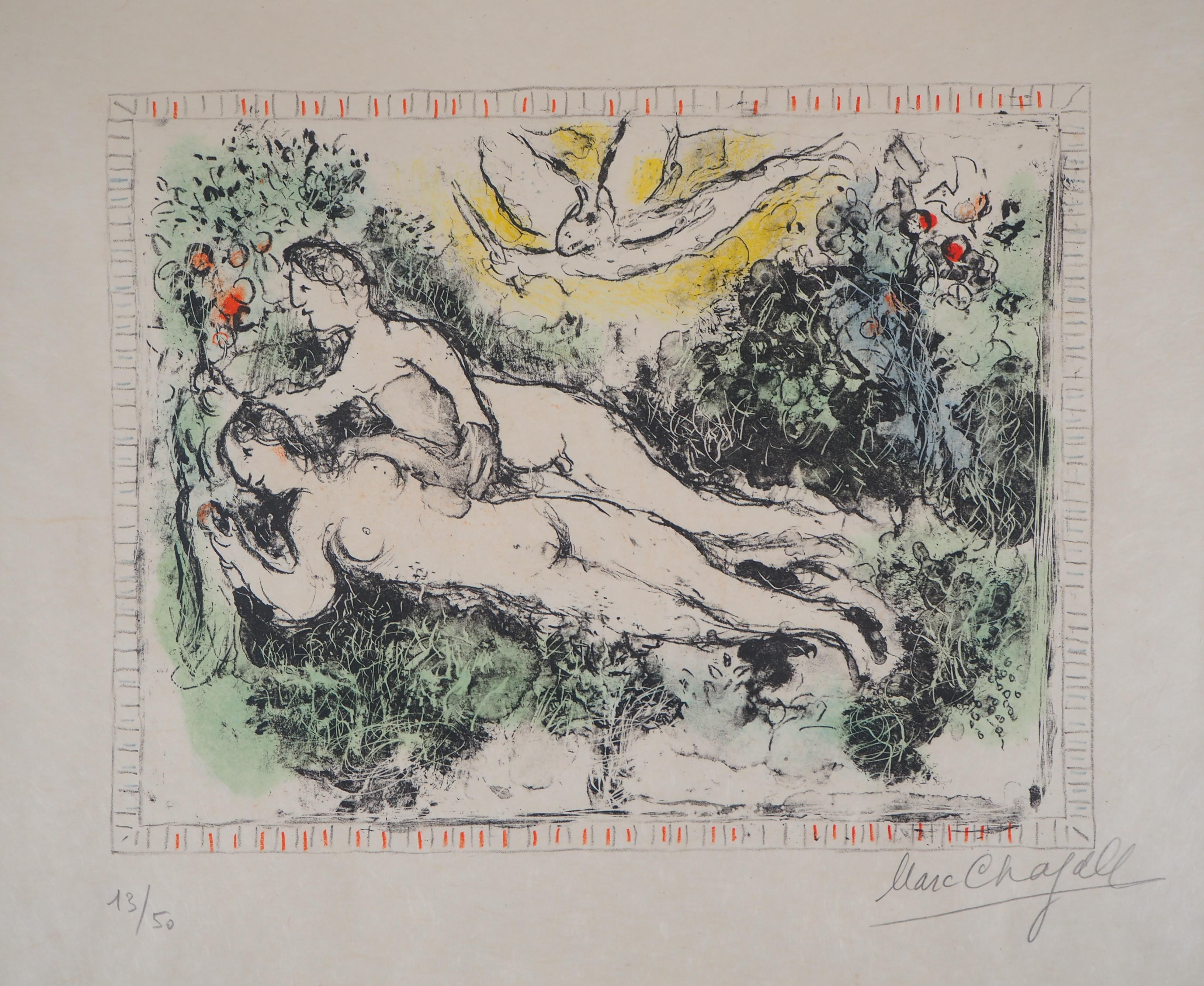 Lovers (Adam and Eve) - Original lithograph, Handsigned & Numbered /50  - Brown Figurative Print by Marc Chagall