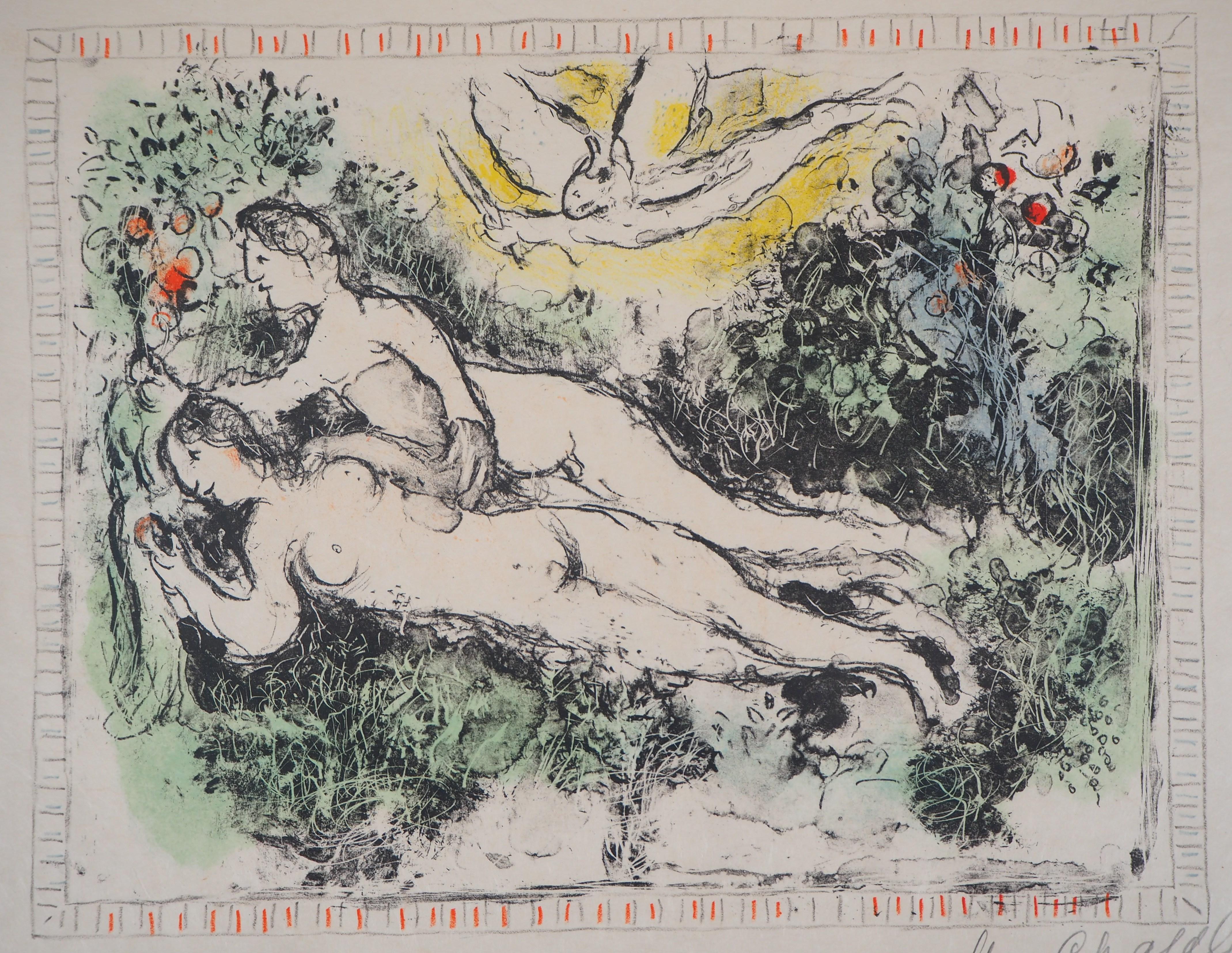 Marc CHAGALL
Lovers (Garden of Eden : Adam and Eve)

Original lithograph
Handsigned in pencil
Numbered / 50
On Japan paper 35 x 42 cm at view (c. 14 x 17 in)
Presented in a golden wood frame 54 x 60 cm (c. 22 x 24 in)

REFERENCES : Catalog raisonne