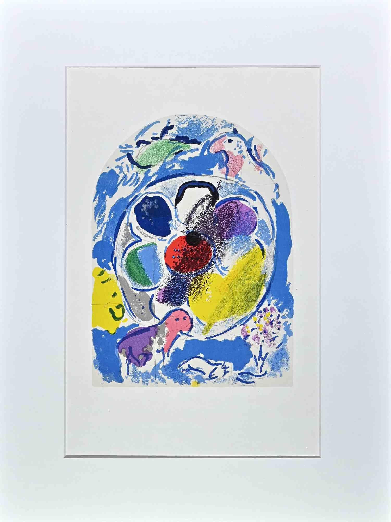 Genesys XLIX , 27 from Vitraux pour Jérusalem is an original lithograph print on paper realized by Marc Chagall,  Monte Carlo Sauret, 1962.

Includes Passepartout (40 x 30 cm).

With another colored lithograph on the rear.