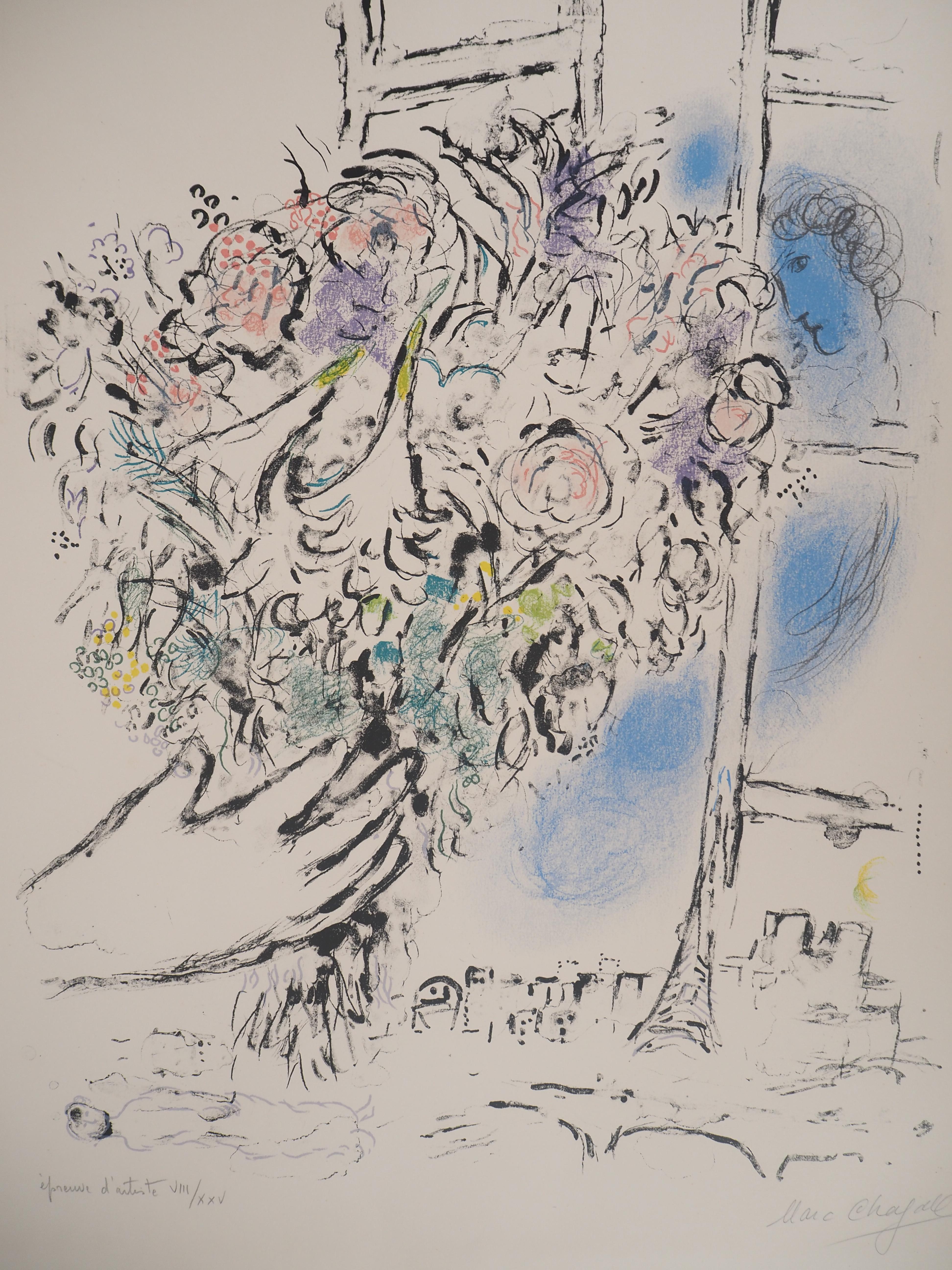 Geschenk von Blumen & Eiffelturm - Original Lithographie, handsigniert (Mourlot #417) (Moderne), Print, von Marc Chagall