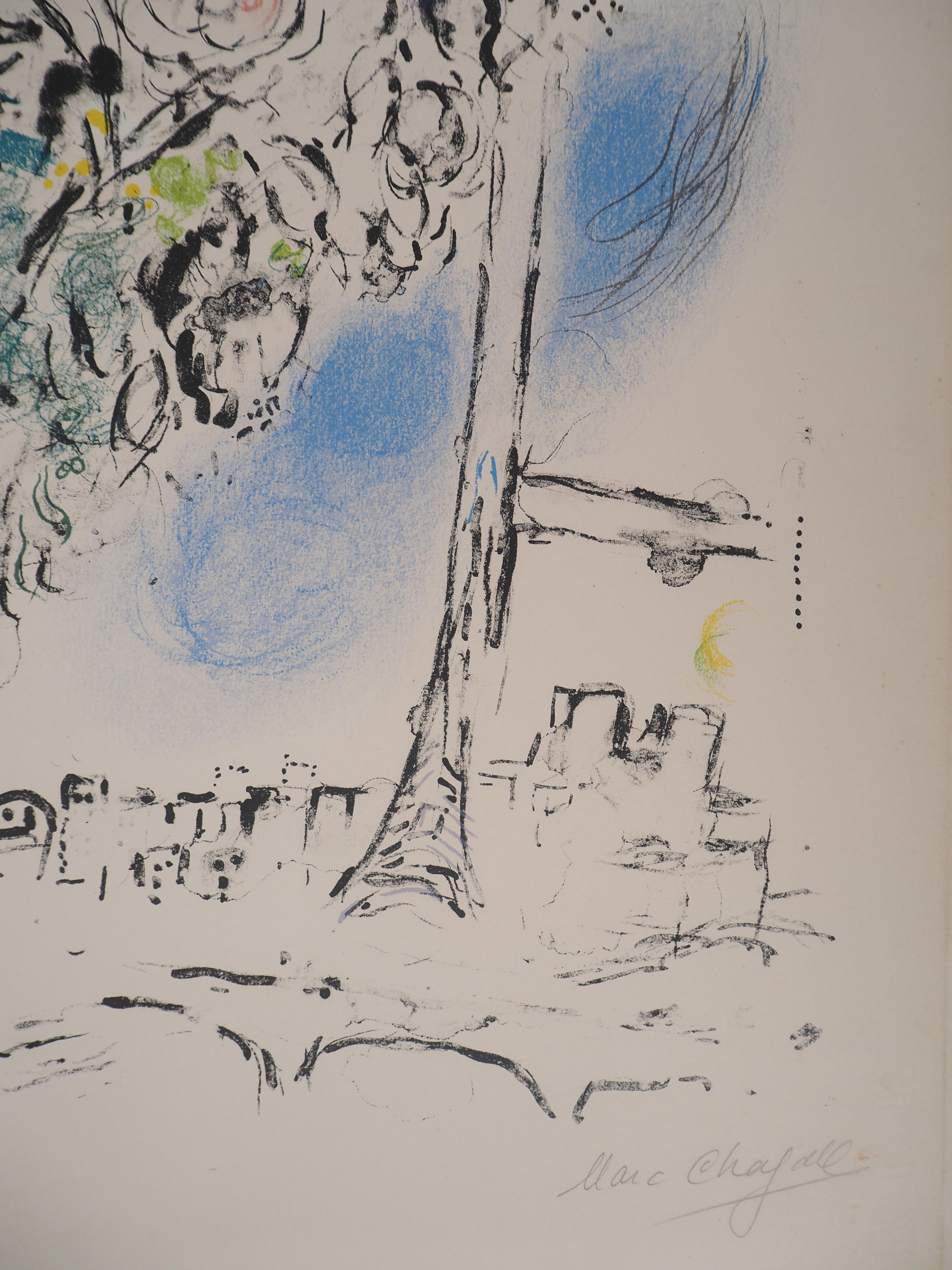 Geschenk von Blumen & Eiffelturm - Original Lithographie, handsigniert (Mourlot #417) (Grau), Figurative Print, von Marc Chagall