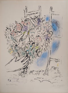 Geschenk von Blumen & Eiffelturm - Original Lithographie, handsigniert (Mourlot #417)