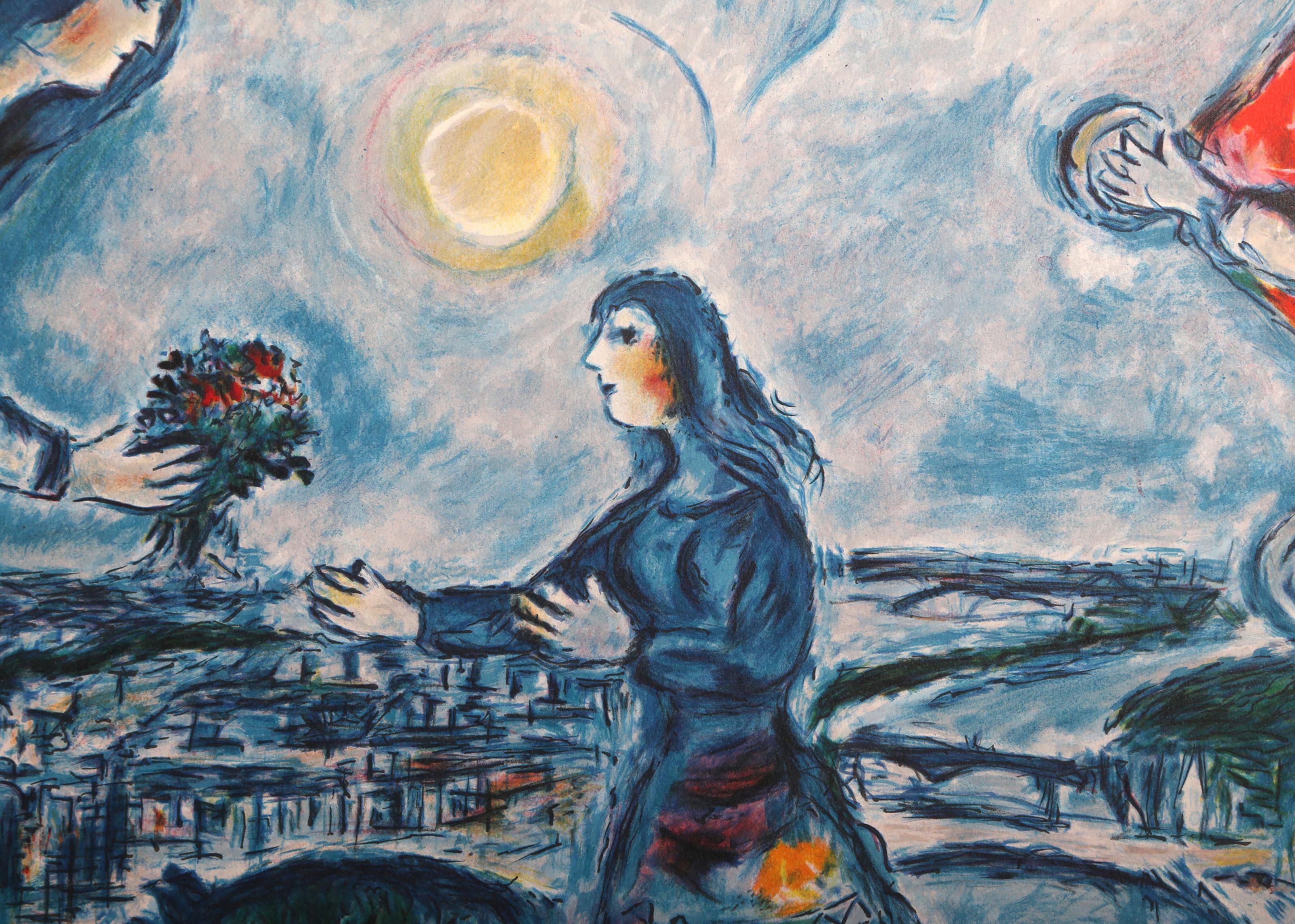 Dare il bouquet, litografia moderna dopo Marc Chagall (after) Marc Chagall in vendita 1