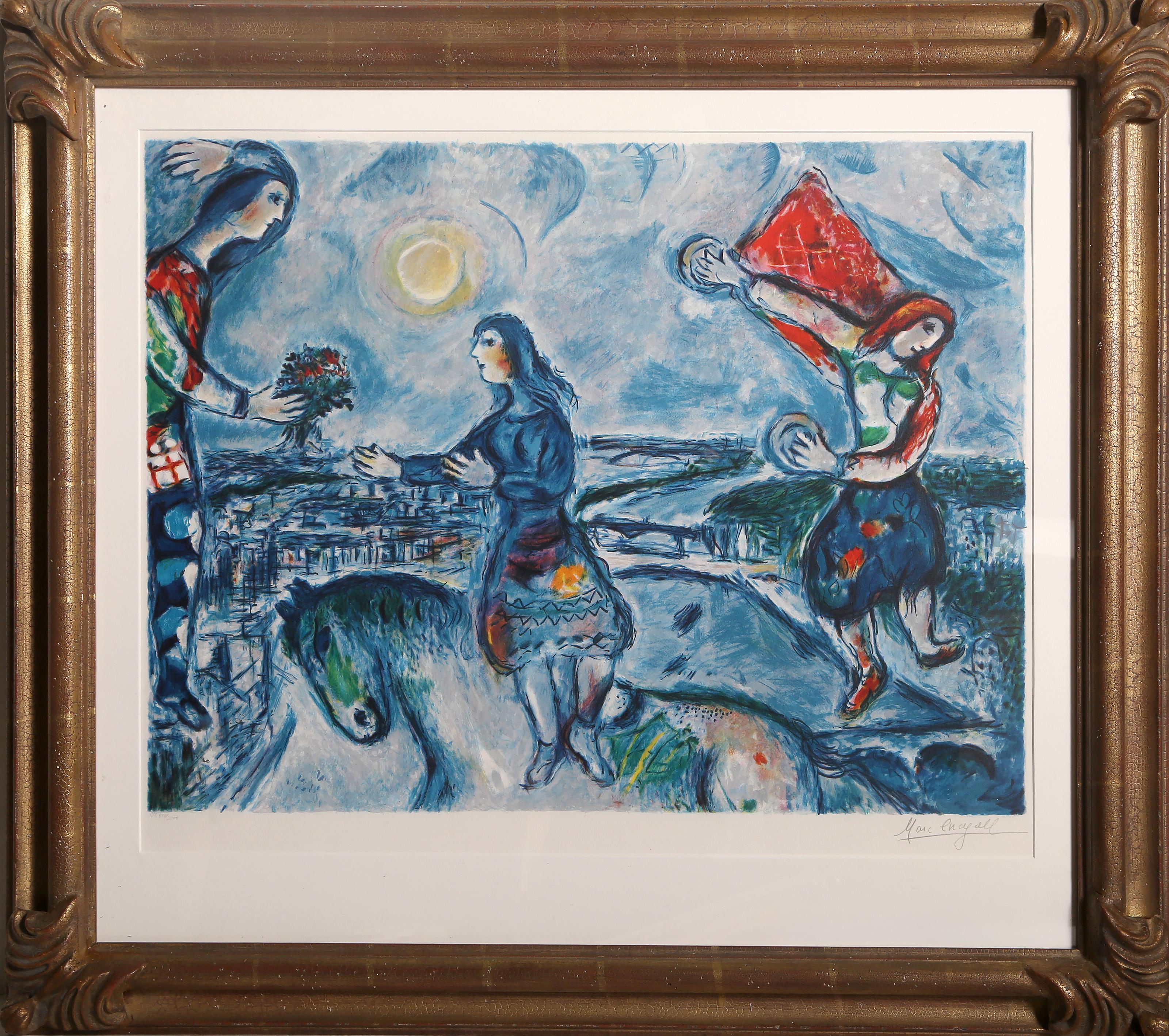 Marc Chagall, After, Russian (1887 - 1985) - Giving the Bouquet, Year:  Printed 1985, Medium:  Lithograph, fascimile signed and numbered in pencil, Edition:  2000, Image Size:  21.5 x 28 inches, Size:  25 x 34 in. (63.5 x 86.36 cm), Frame Size:  33