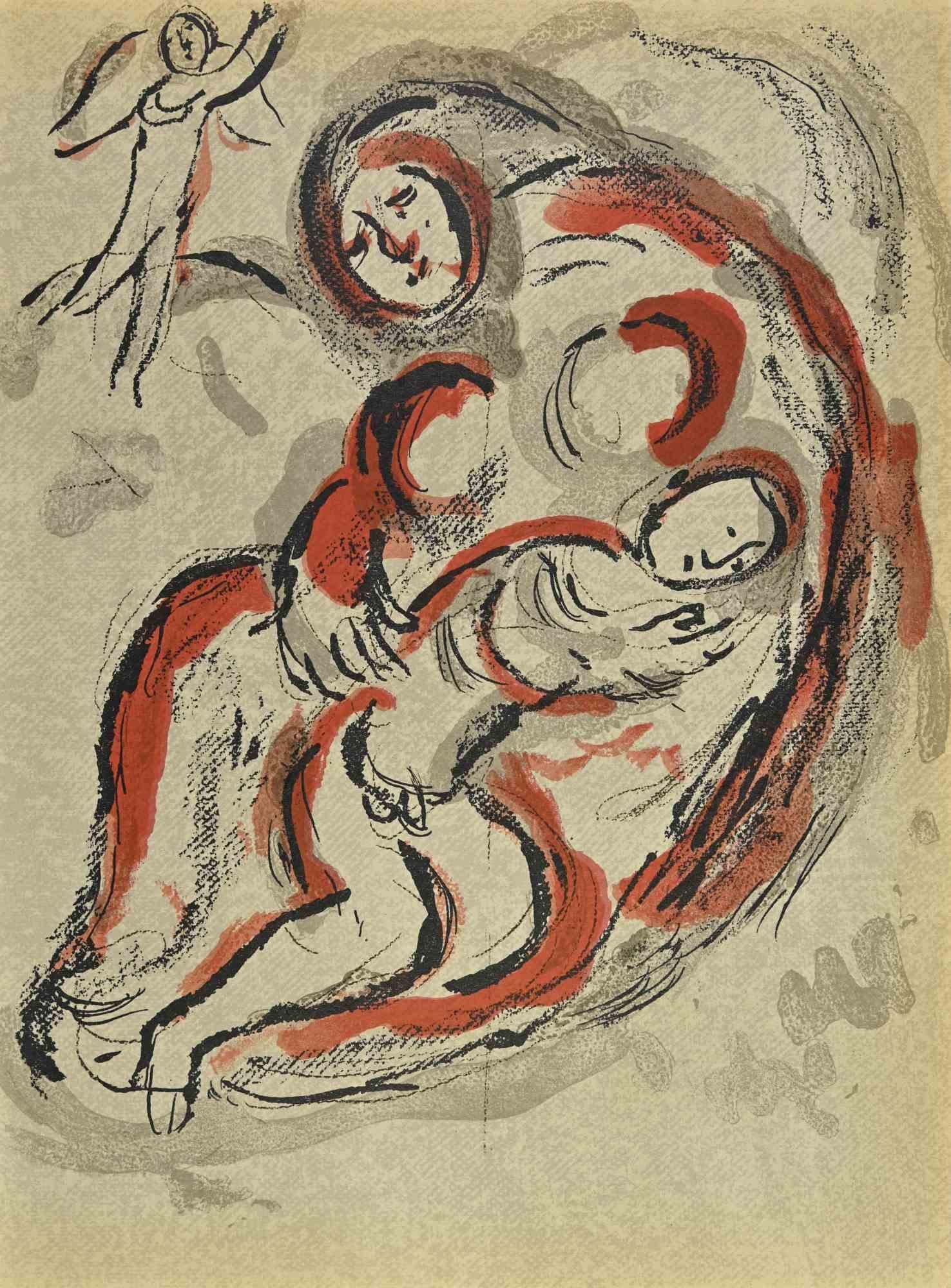 Hagar in the desert  is an artwork from the Series "The Bible", by Marc Chagall in 1960.
Mixed colored lithograph on brown-toned paper, no signature.
Edition of 6500 unsigned lithographs. Printed by Mourlot and published by Tériade, Paris.
Ref.