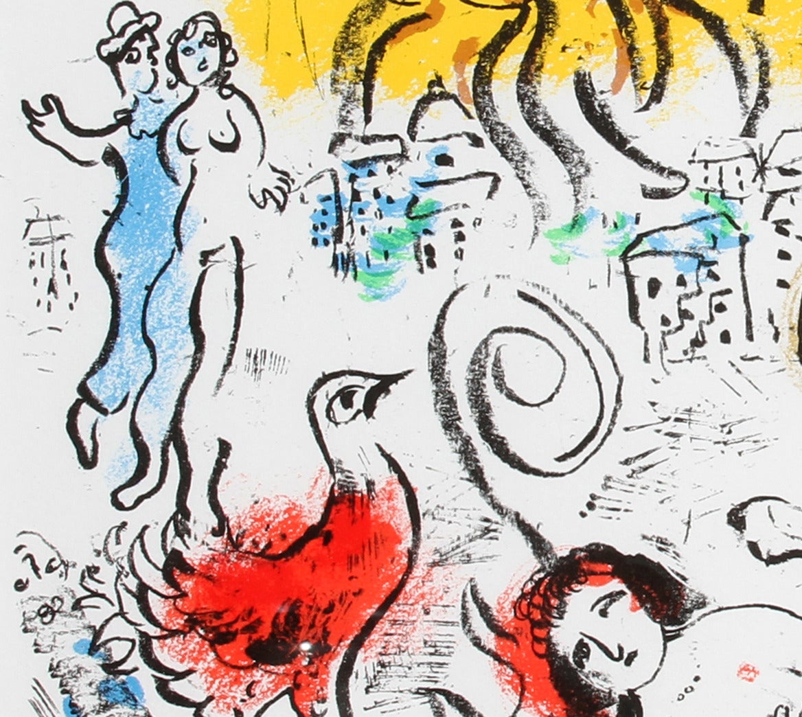 Artist: Marc Chagall, Russian (1887 - 1985)
Title: Homecoming from XXe Siecle. Chagall Monumental
Year: 1973
Medium: Lithograph 
Edition: 10,000
Size: 12.25 in. x 18.875 in. (31 cm x 48 cm)
Frame: 21.5 x 27 inches

Printer: Mourlot Freres, Paris