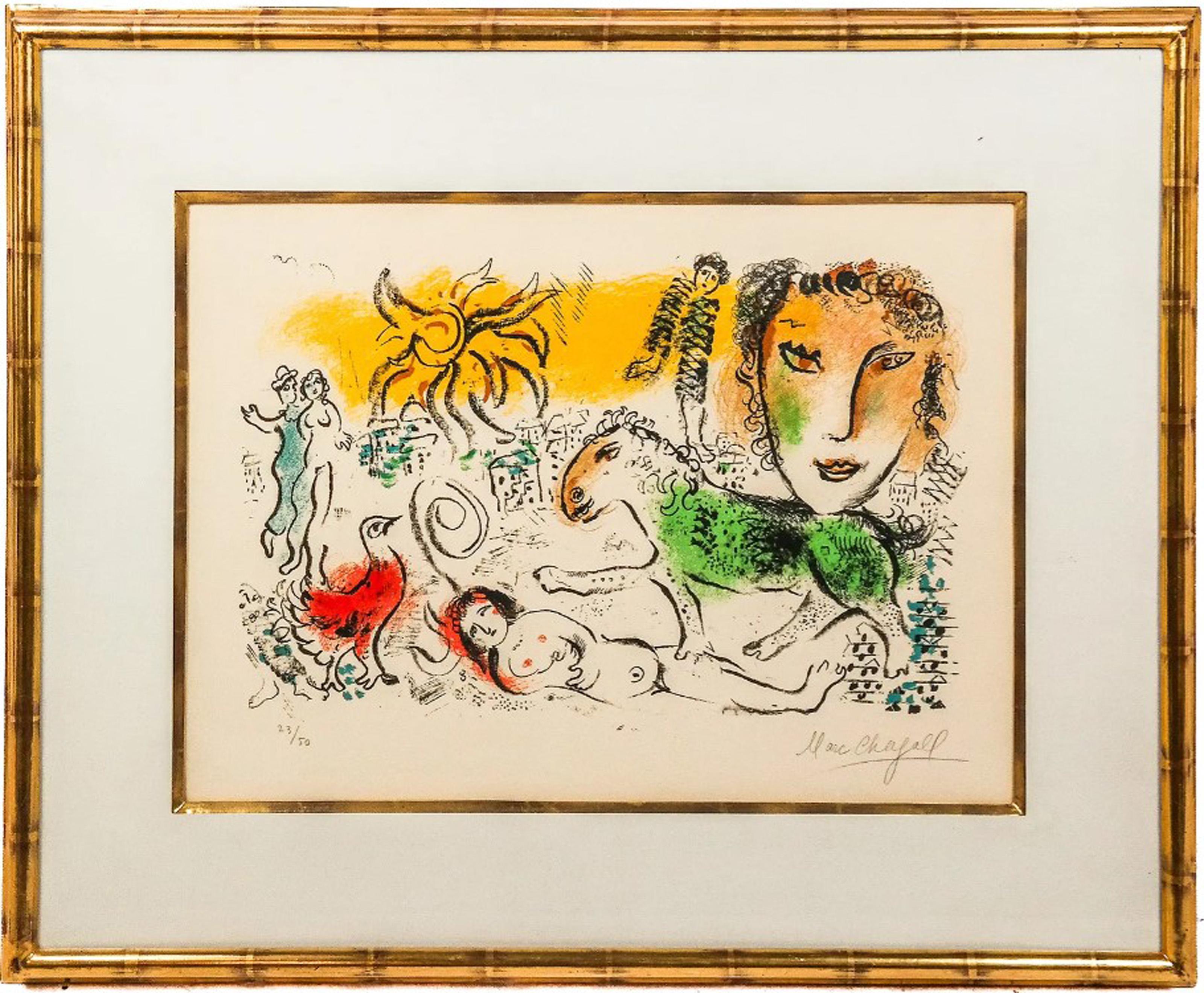 Completed in 1973, this lithograph by Modern master Marc Chagall was printed by Mourlot in Paris for the publication "XXe Siecle". This publication came from San Lazzaro and was a semi-annual art magazine that contained color lithographs by famous