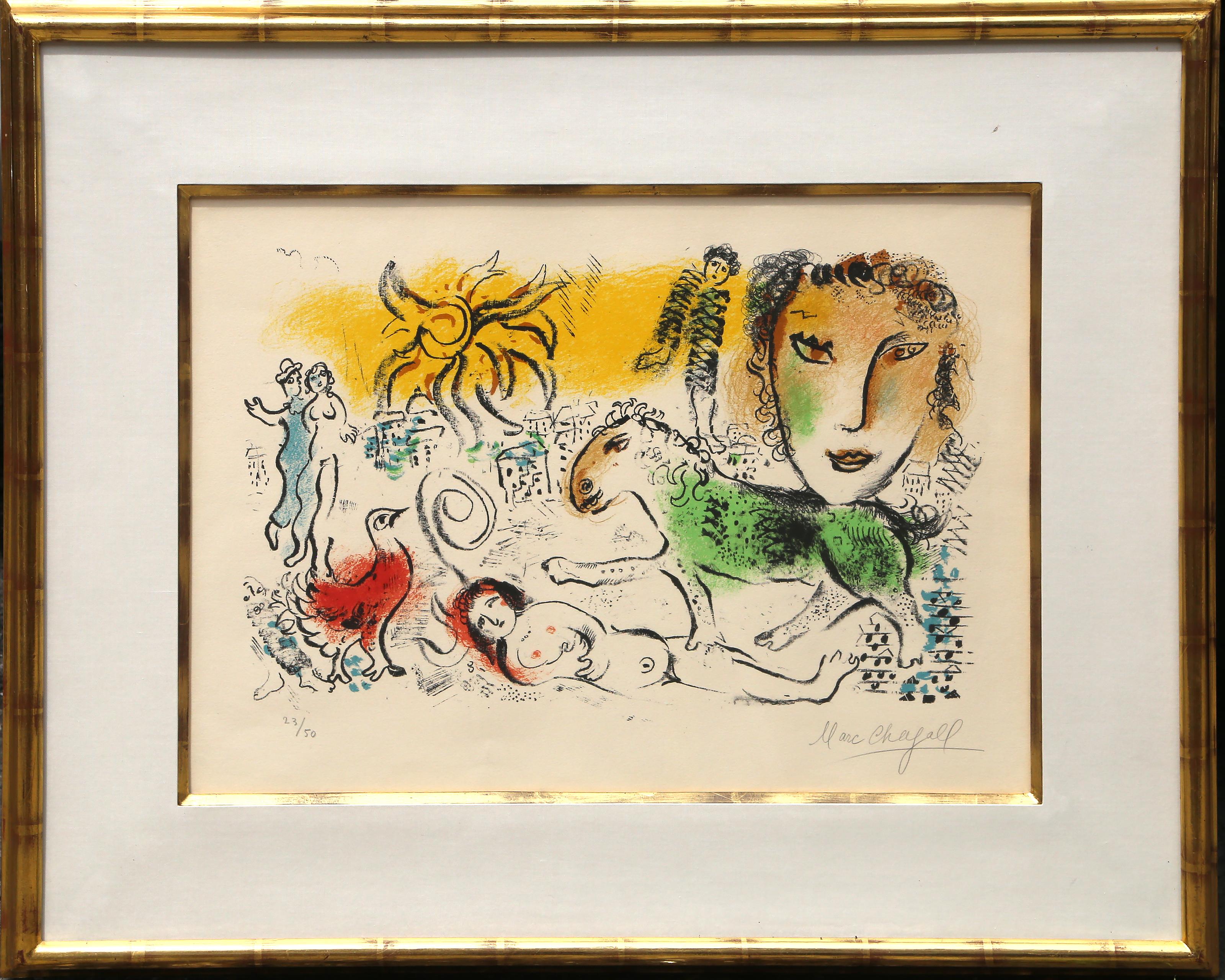 Completata nel 1973, questa litografia del maestro moderno Marc Chagall è stata stampata da Mourlot Paris per la pubblicazione "XXe Siecle". Questa pubblicazione è stata realizzata da San Lazzaro ed era una rivista d'arte semestrale che conteneva