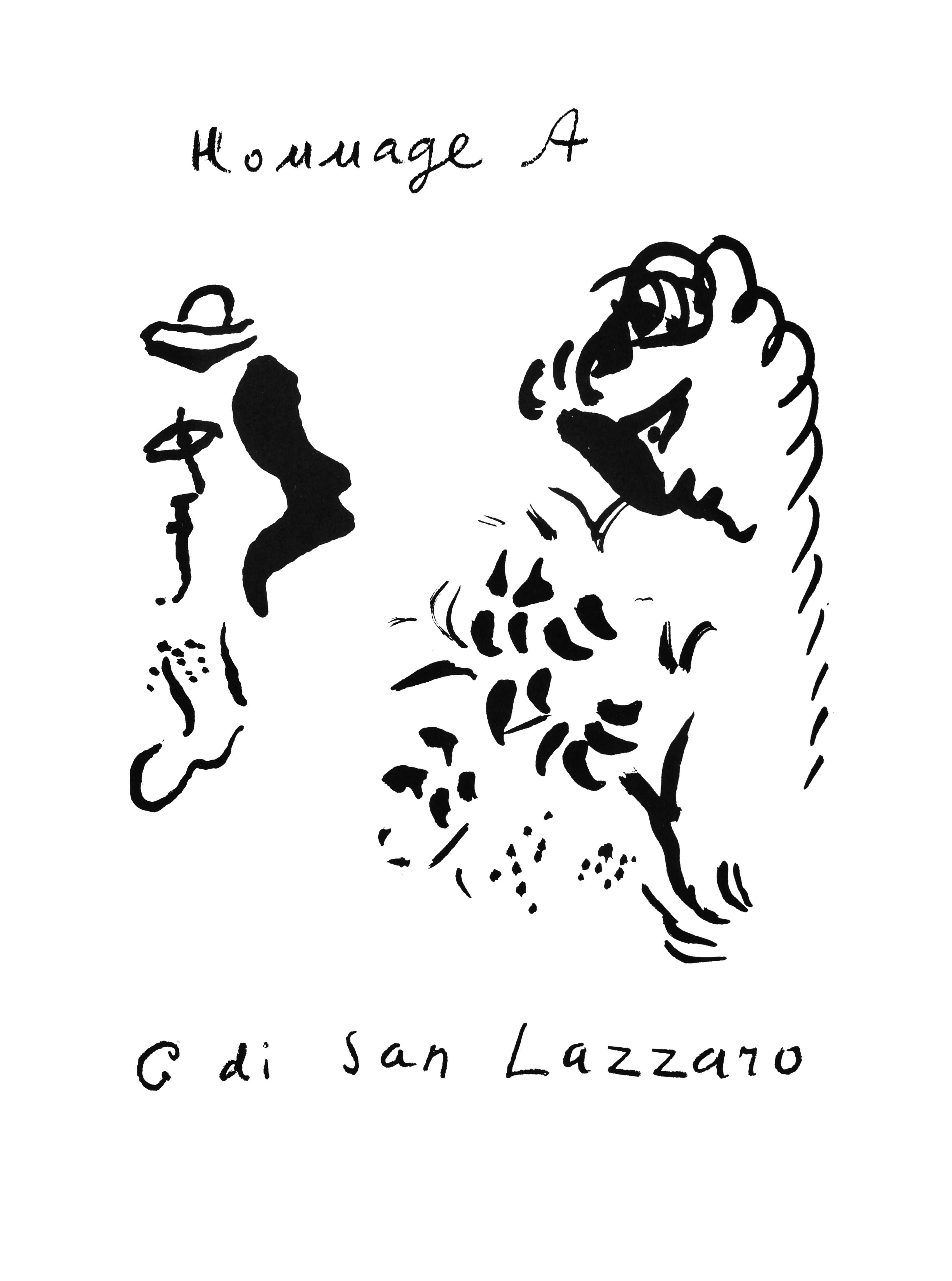 Litografía sobre papel vélin d'Arches. Tamaño del papel: 14 x 10,5 pulgadas. Inscripción: Sin firmar y sin numerar, tal como se emitió. Notas: Del álbum, San Lazzaro et ses Amis, Hommage au fondateur de la revue XXe siècle, 1975. Publicado por XXe