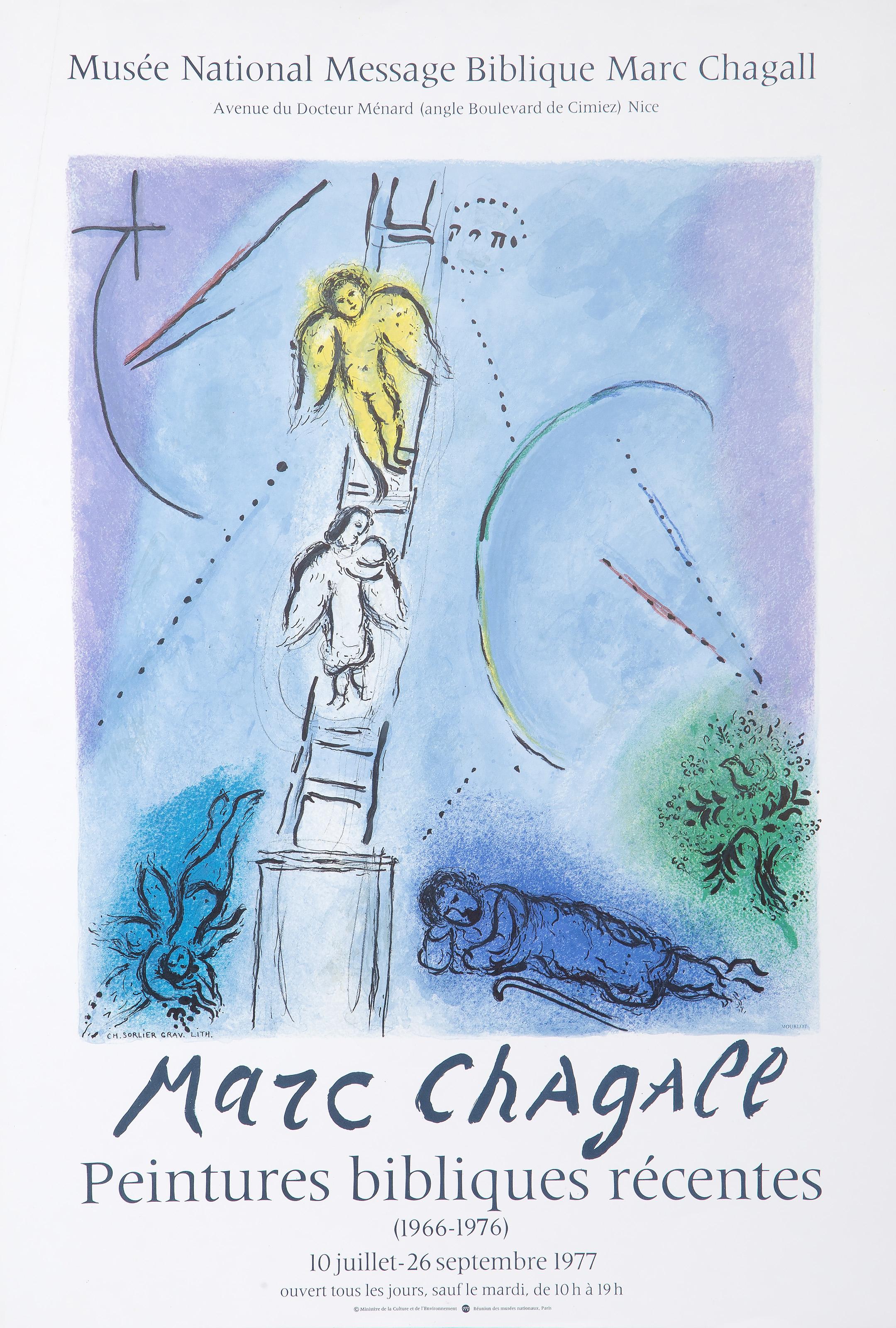 Marc Chagall, After by Charles Sorlier, Russian (1887 - 1985) -  Jacob's Ladder. Year: 1977, Medium: Lithograph Poster, Size: 30 x 20.5 in. (76.2 x 52.07 cm), Printer: Mourlot, Paris, Publisher: Minisistere de la Culture et de l'Environment 