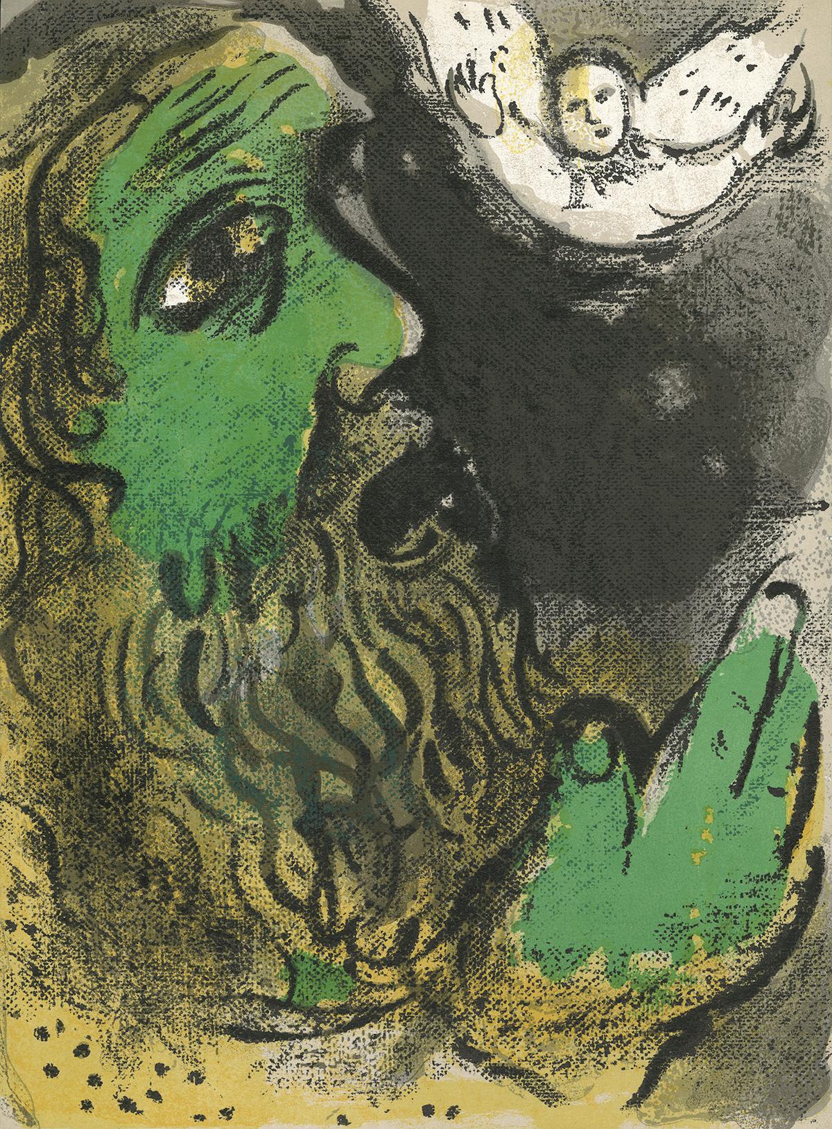 "Hiob en Prière (Hiob betend), M 253/276" ist eine Originallithografie von Marc Chagall. Diese originale Farblithographie wurde von VERVE für das Buch "Dessins pour La Bible" entworfen und gedruckt. Es ist doppelseitig und auf der Rückseite mit