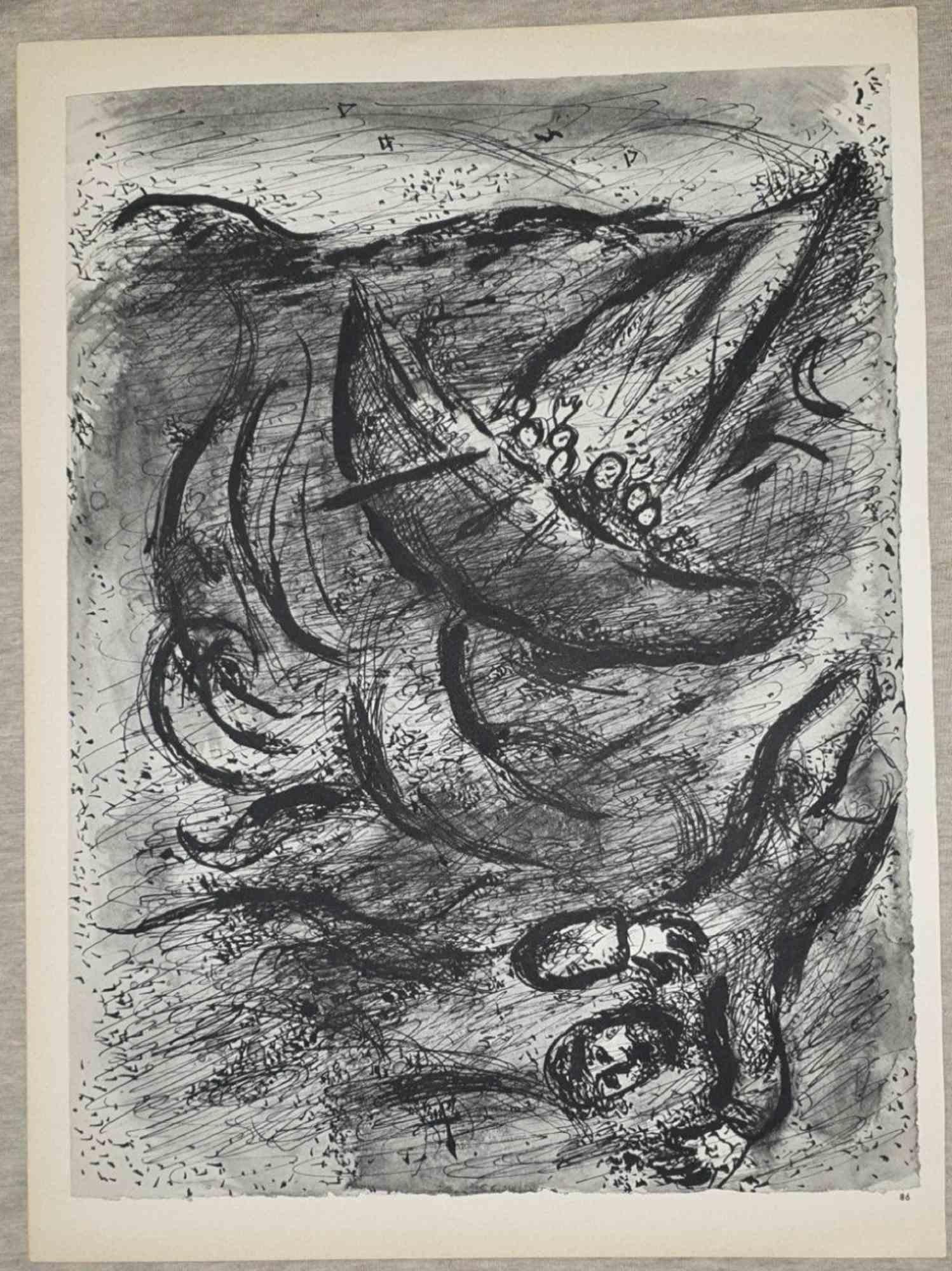 Jonas  is an artwork realized by March Chagall, 1960s.

Lithograph on brown-toned paper, no signature.

Lithograph on both sides.

Edition of 6500 unsigned lithographs. Printed by Mourlot and published by Tériade, Paris.

Ref. Mourlot, F., Chagall
