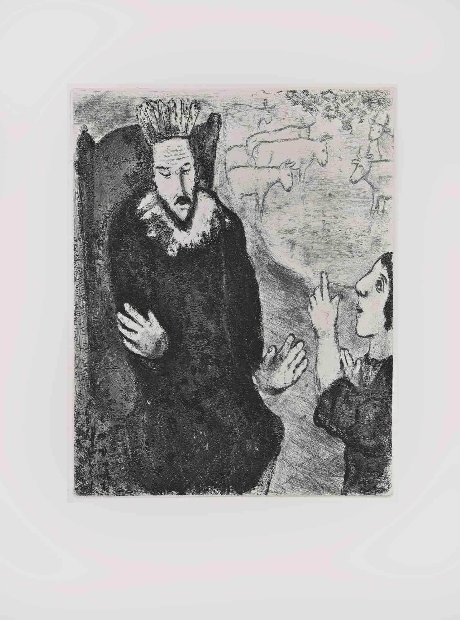Etching on Montval wove paper, realized by Marc Chagall in 1931-39 and published by Tériade in 1956.

Belongs to the series "The Bible".

Edition of 275+30 out of commerce copies.

Not signed nor numbered, as issued.

Excellent impression with full