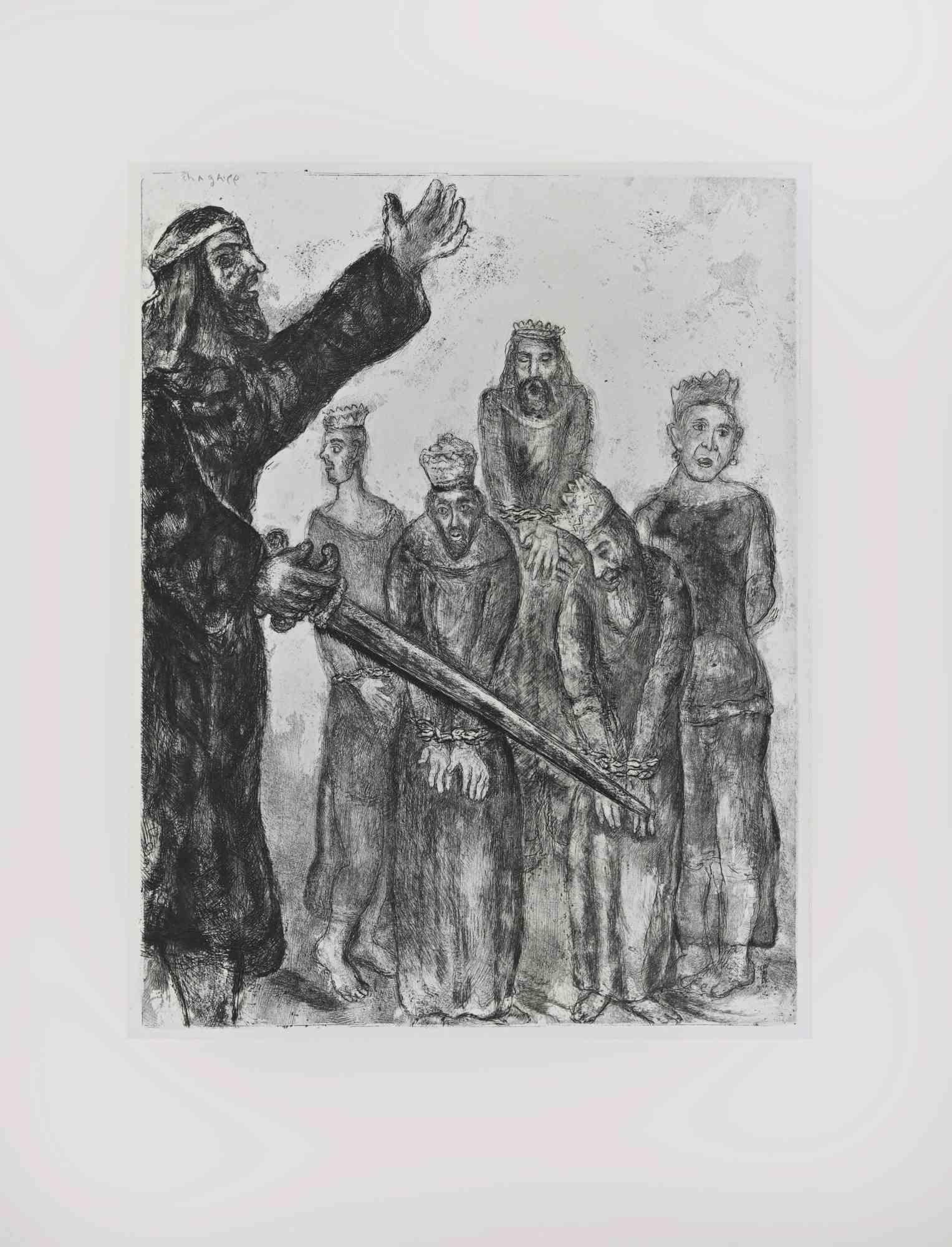 Etching on Montval wove paper, realized by Marc Chagall in 1931-39 and published by Tériade in 1956.

Belongs to the series "The Bible".

Edition of 275+30 out of commerce copies.

Not signed nor numbered, as issued.

Excellent impression with full