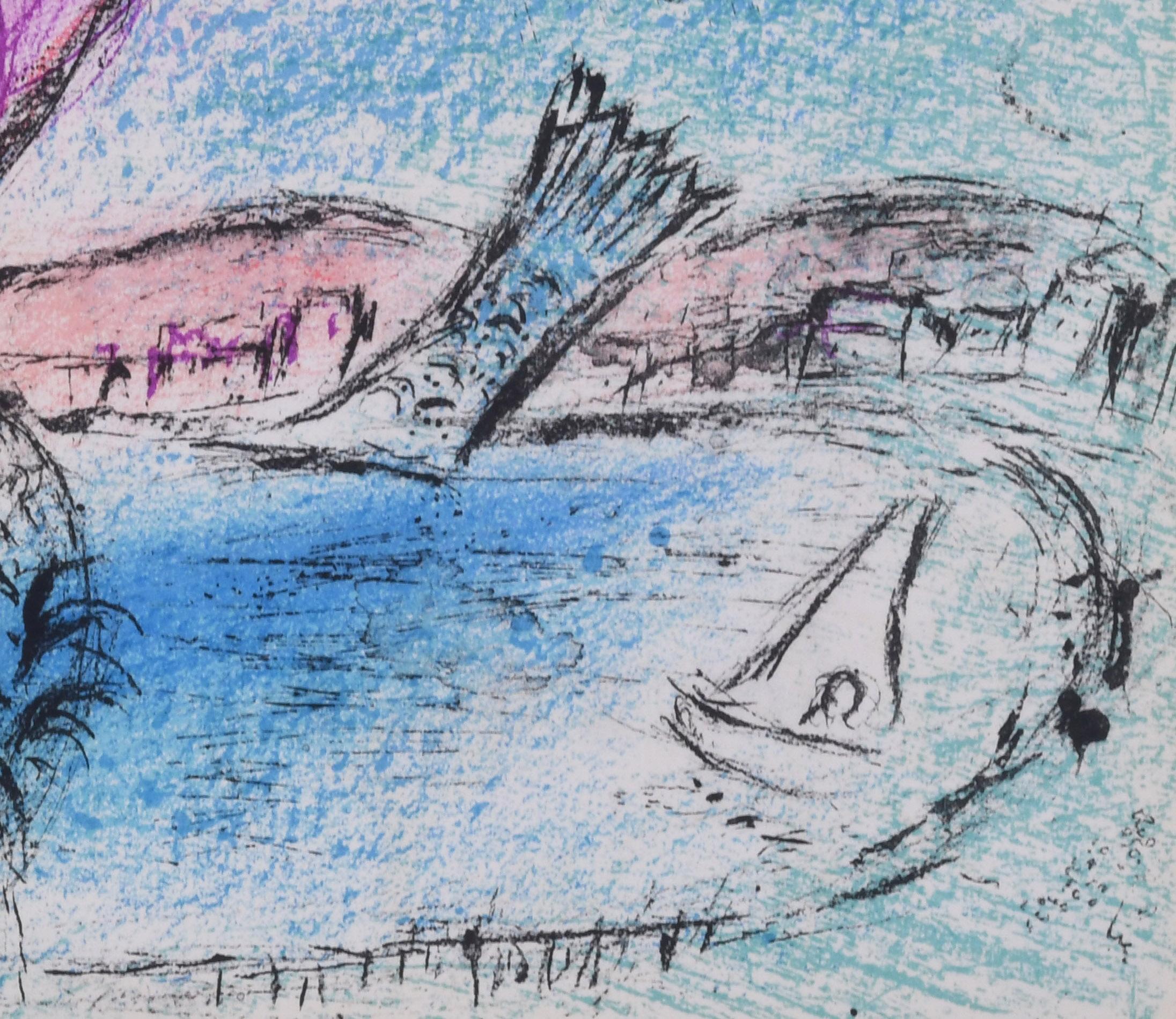 La Baie, Double Page du No 132 de Derriere le Miroir - Gray Figurative Print by Marc Chagall