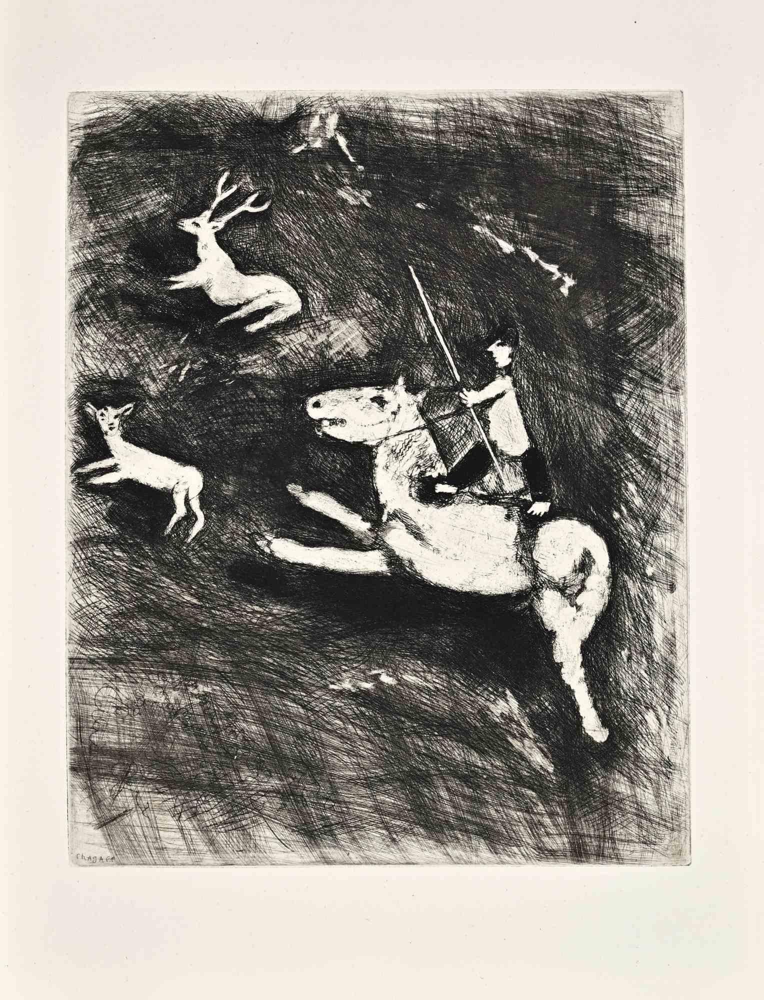 « La Chevauchée » – Gravure sur papier Montval, surréaliste, signée, 1952
