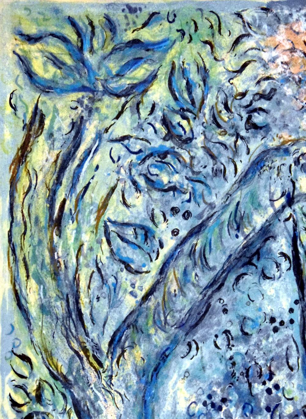 Rich, deep blue hues pour over the lithograph, with brilliant patches of sunny yellows, and organic greens. The colors are poetic and impart romantic feeling into this image. A blue angel floats in the middle of the composition, delicately playing a
