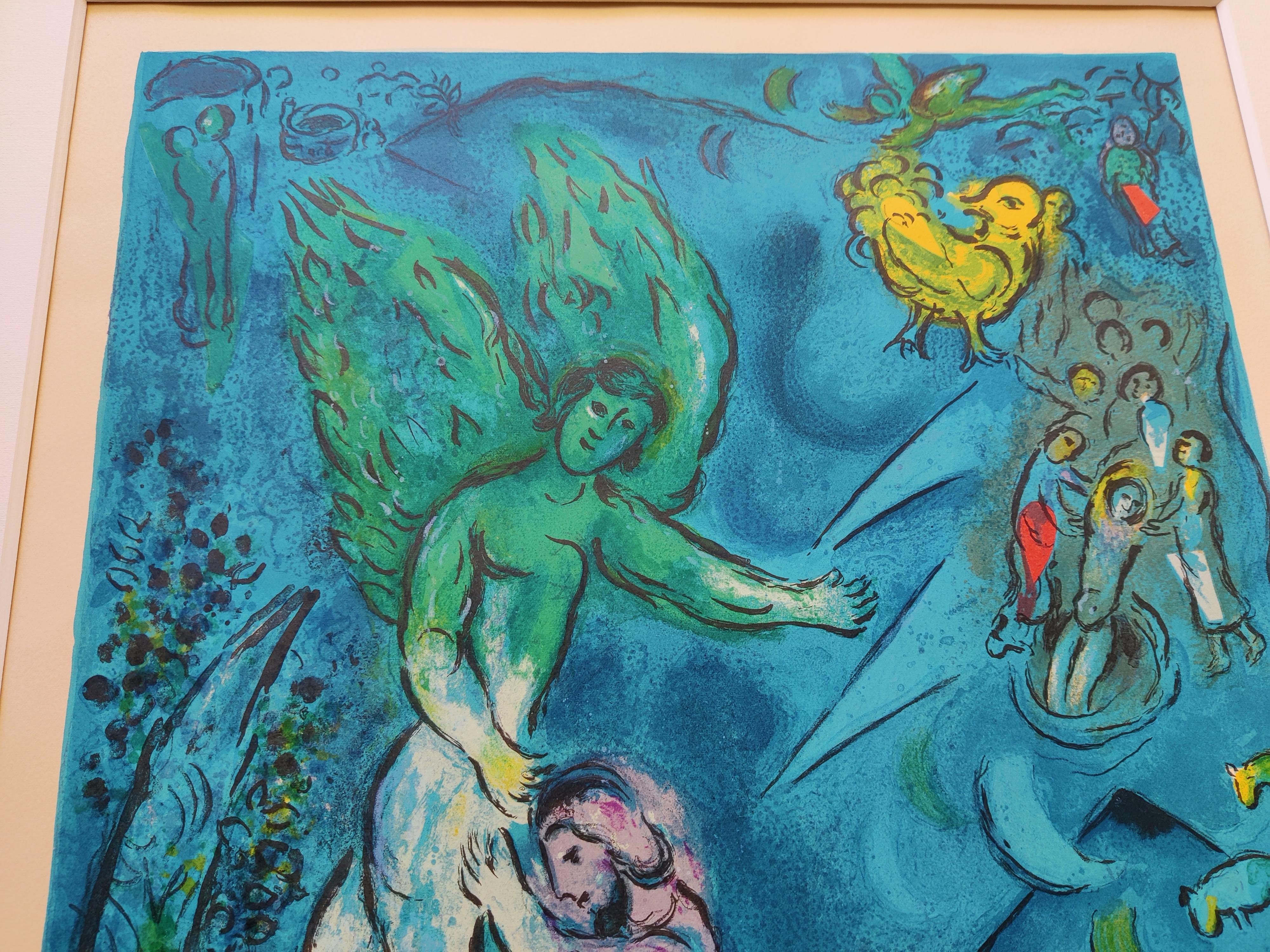 After Marc Chagall (1887-1985)
La lutte du Jacob et du l'Ange (The Fight Between Jacob & the Angel)   1967
BY CHARLES SORLIER (1921-1990) 
SORLIER P. 104
Signed and numbered 12/100
Full margin 
Watermark on the margin
Image: 52 x 41 cm
Sheet: 75.6 X