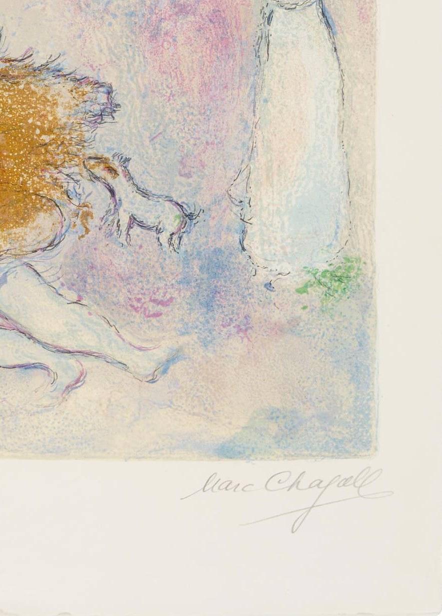 Marc Chagall (1887-1985) - La Ruse de Dorcon, from Daphnis et Chloé

Lithograph from 1961.

The edition of 59/60 with wide margins.

Dimensions of work: 53.7 x 37.8 cm.

Hand signed.

Publisher: Tériade, Paris.

Reference: Mourlot 317, Cramer