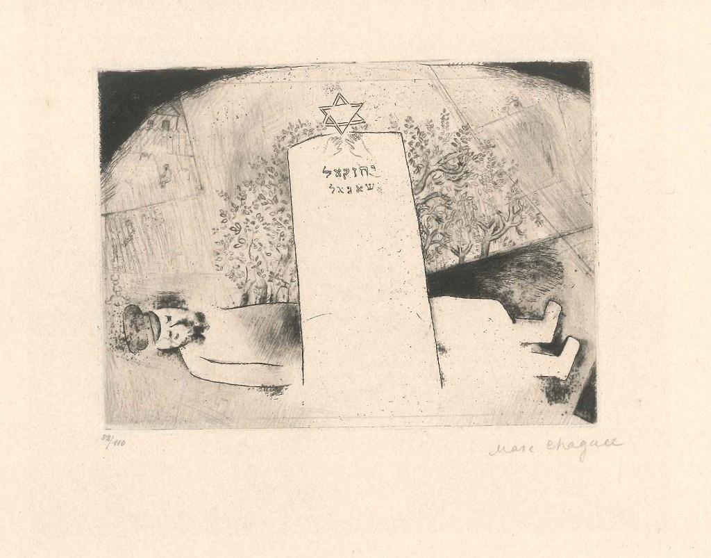 La Tombe du Pére oder Das Grab des Vaters ist eine wunderbare und seltene Kaltnadelradierung, die von Marc Chagall am unteren rechten Rand mit Bleistift signiert und am unteren linken Rand handnummeriert ist.
Auflage: 110 Exemplare. 
Abmessungen des