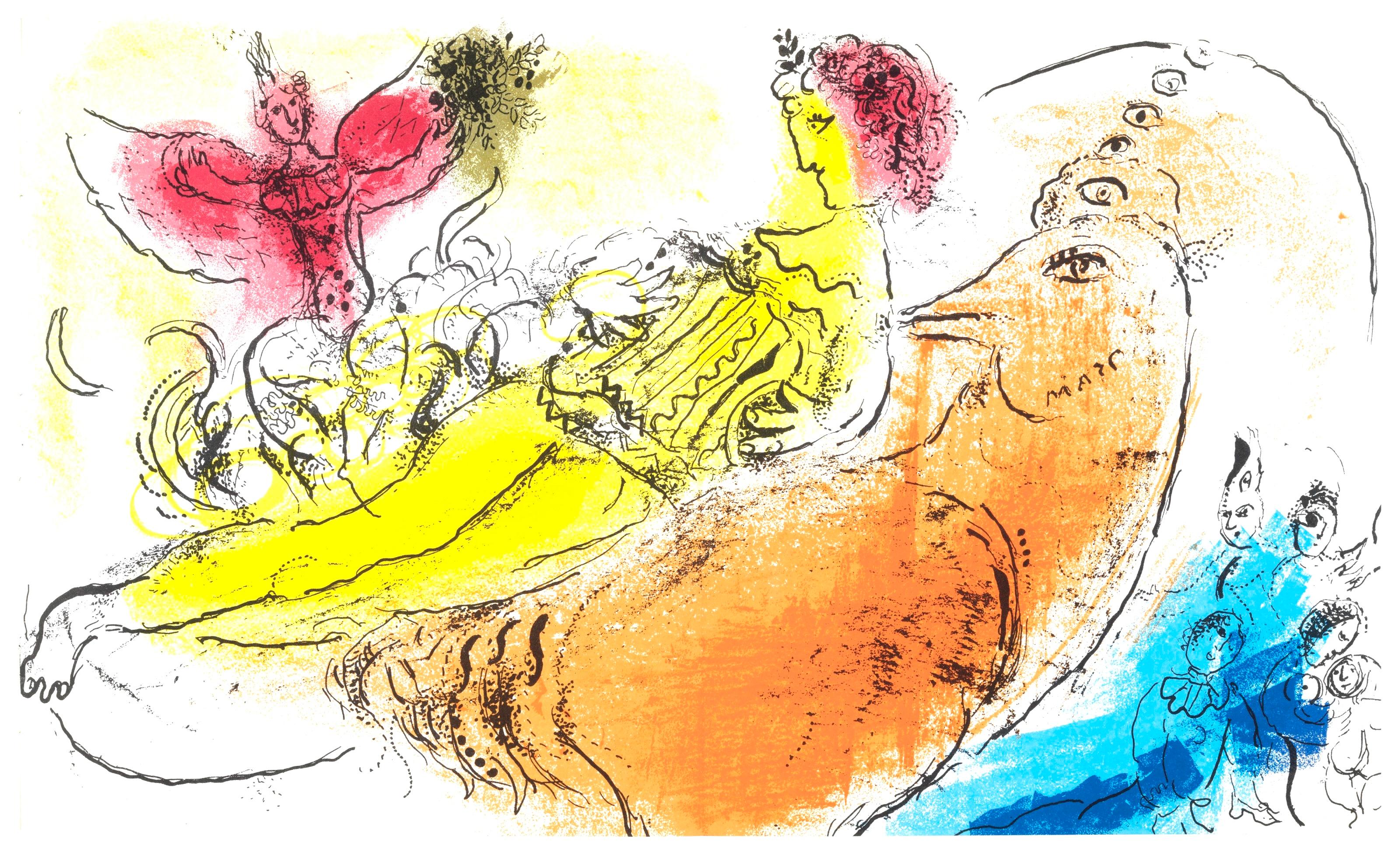 Litografia su carta vélin. Formato carta: 9,06 x 15,75 pollici, con piega centrale, come da edizione. Iscrizione: Non firmato e non numerato, come emesso. Catalogo ragionato: Marc Chagall e Julien Cain. Chagall Lithographe. André Sauret, Éditeur,