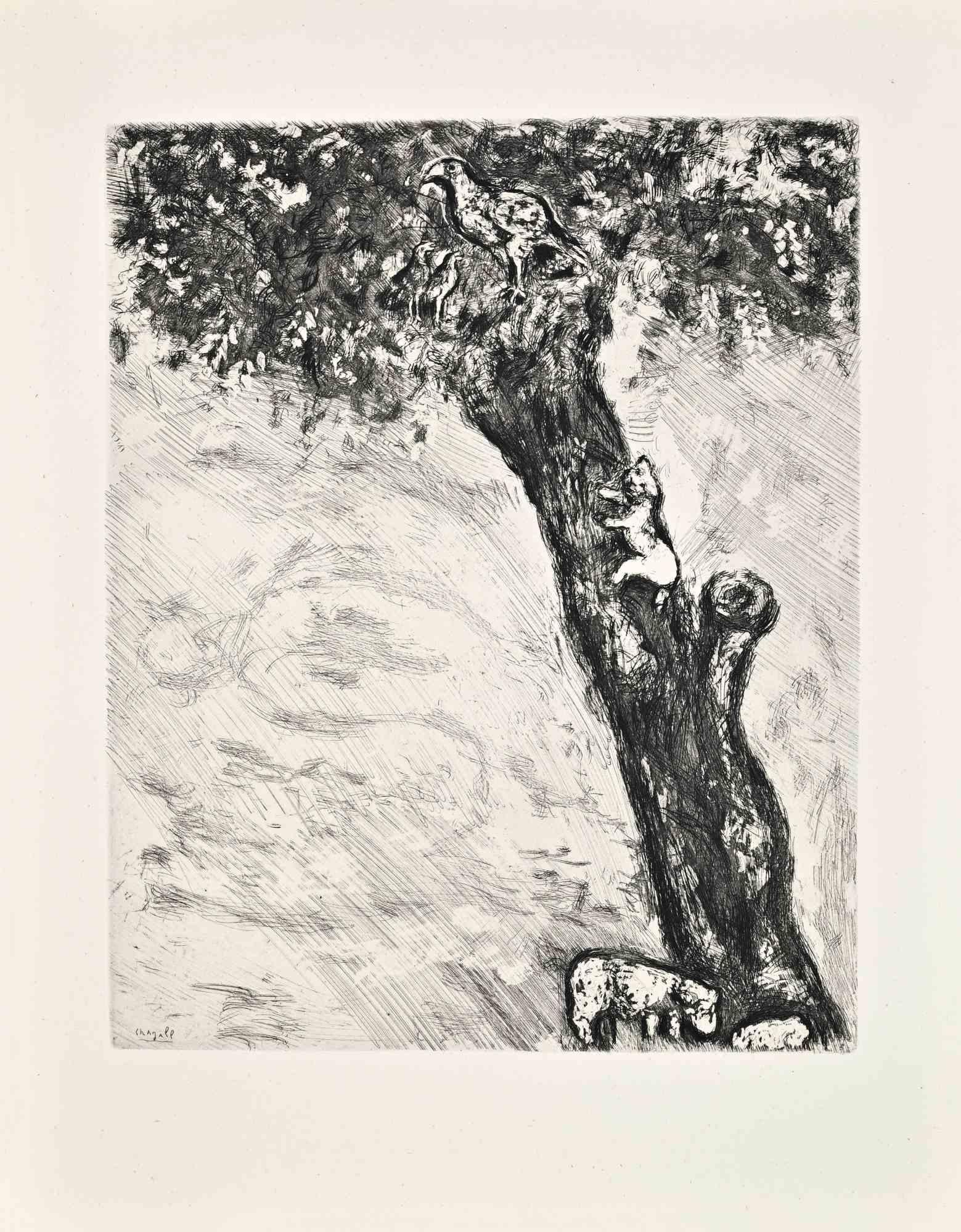 Etching on Montval paper, hand colored, realized between 1927 and 1930.

Table from "Les Fables de La Fontaine", published in 1952 by Tériade in and edition of 200.

Hand signed in pencil.

Very good condition.

Ref. Cramer 22; Vollard 161