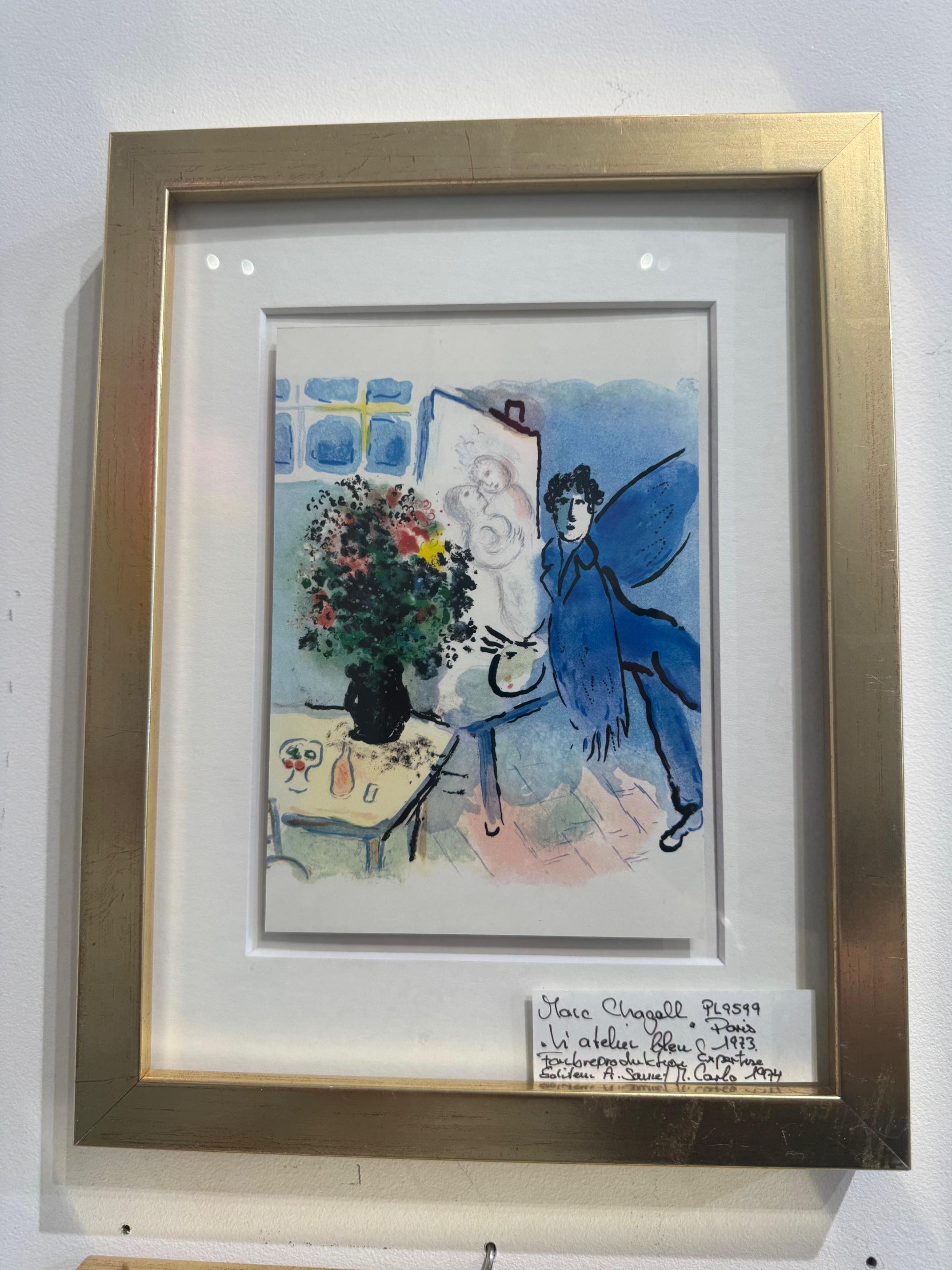 Le Atelier Bleu  - Chagall color lithograph of his studio blue angel and bouquet - Post-Modern Print by Marc Chagall