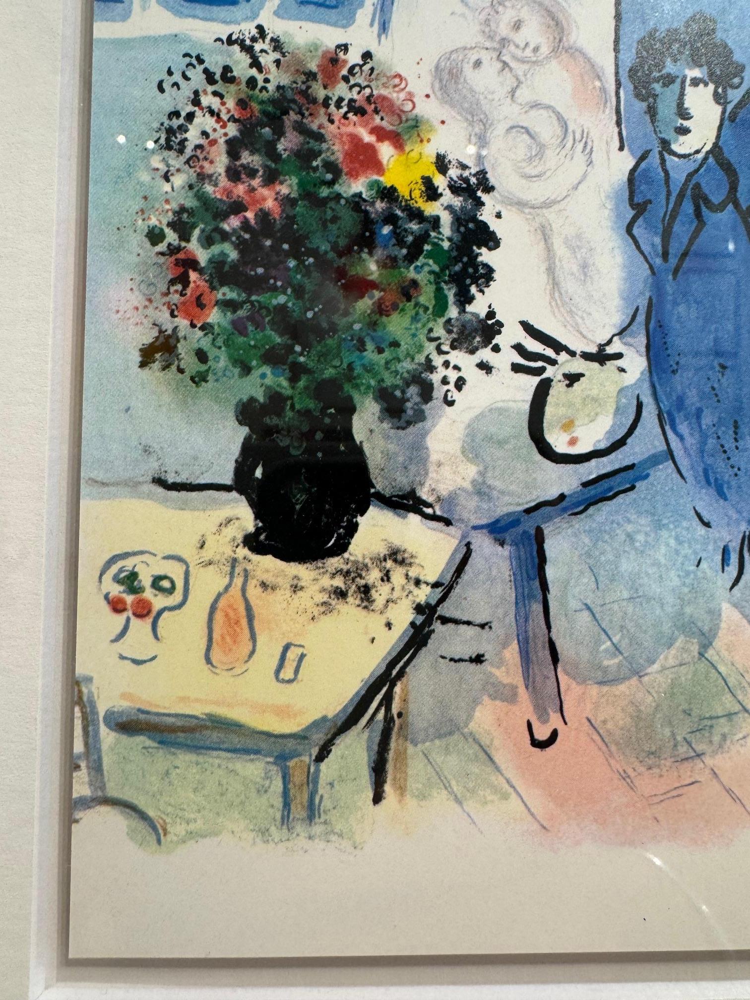 Le Atelier Bleu  - Chagall color lithograph of his studio blue angel and bouquet 1