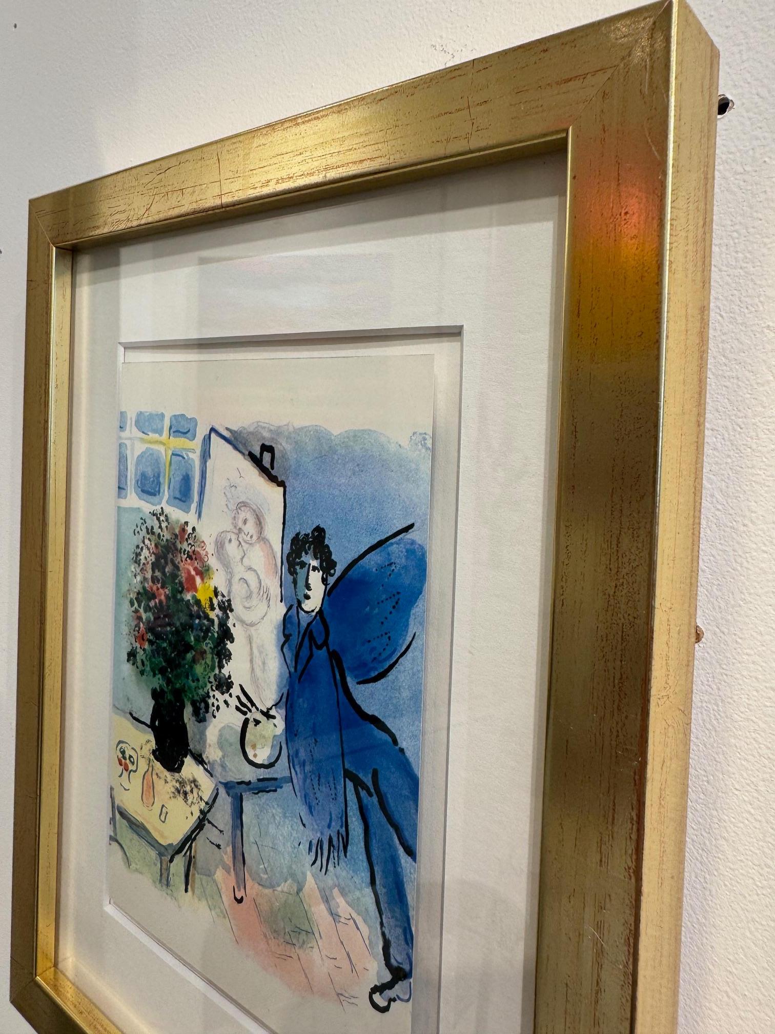 Le Atelier Bleu  - Chagall color lithograph of his studio blue angel and bouquet 3