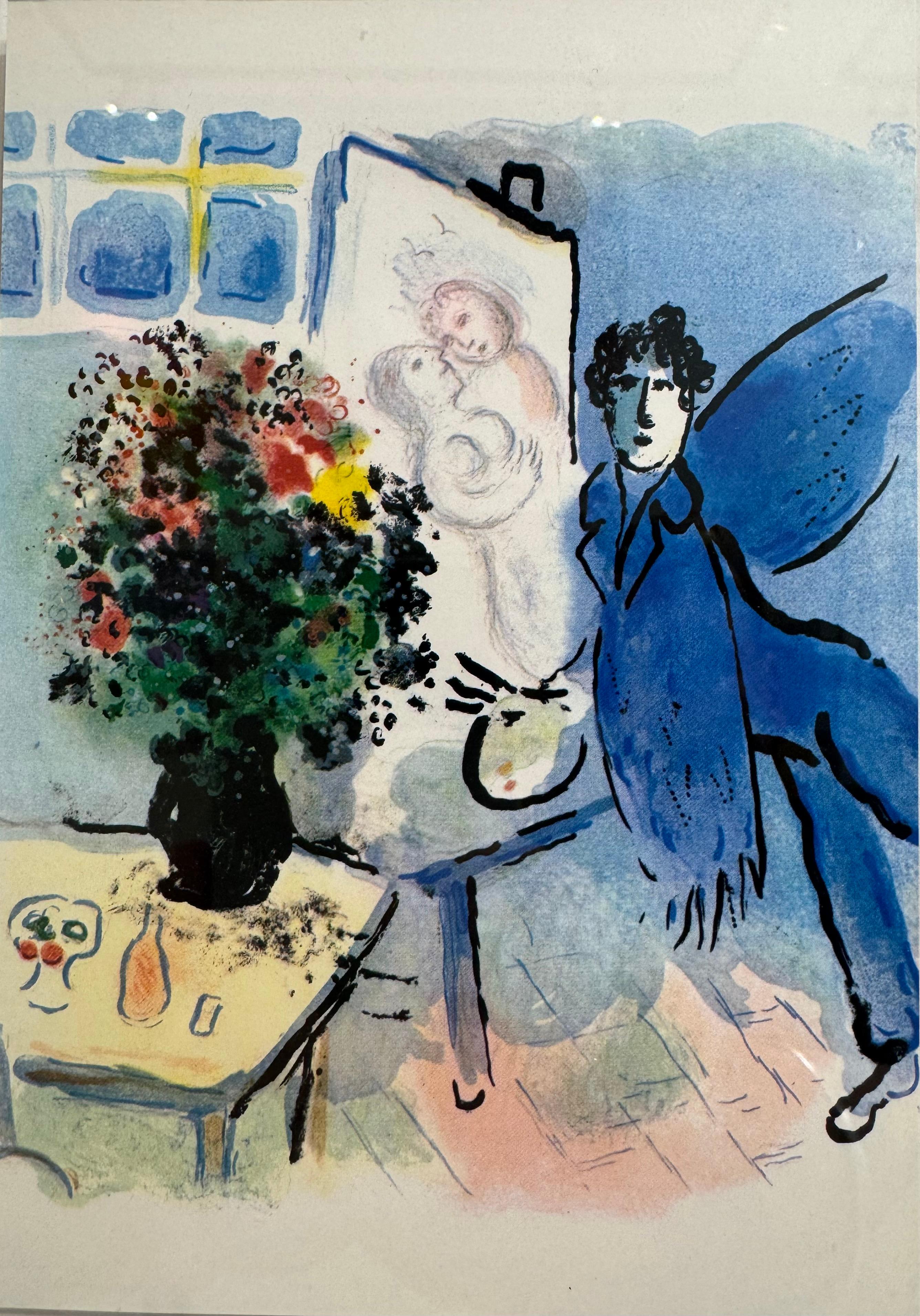 Marc Chagall Figurative Print - Le Atelier Bleu  - Chagall color lithograph of his studio blue angel and bouquet